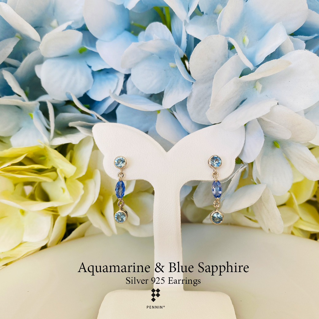 ต่างหู อควอมารีน (Aquamarine) และ Blue Sapphire เงินชุบทองคำขาว โทนสีพาสเทล ฟ้าอ่อน อ่อนหวาน สงบ สบายตา