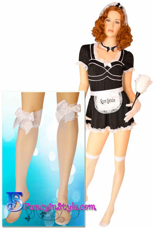 Stockings ถุงน่องเนื้อเนียนสีขาวขอบลูกไม้แต่งโบว์ขาว