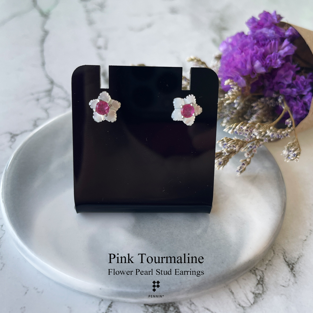 ต่างหูไข่มุกดอกไม้ พิ้งค์ ทัวร์มารีน (Pink Tourmaline) 3.5mm 0.40ct หนามเตย แบบเสียบ