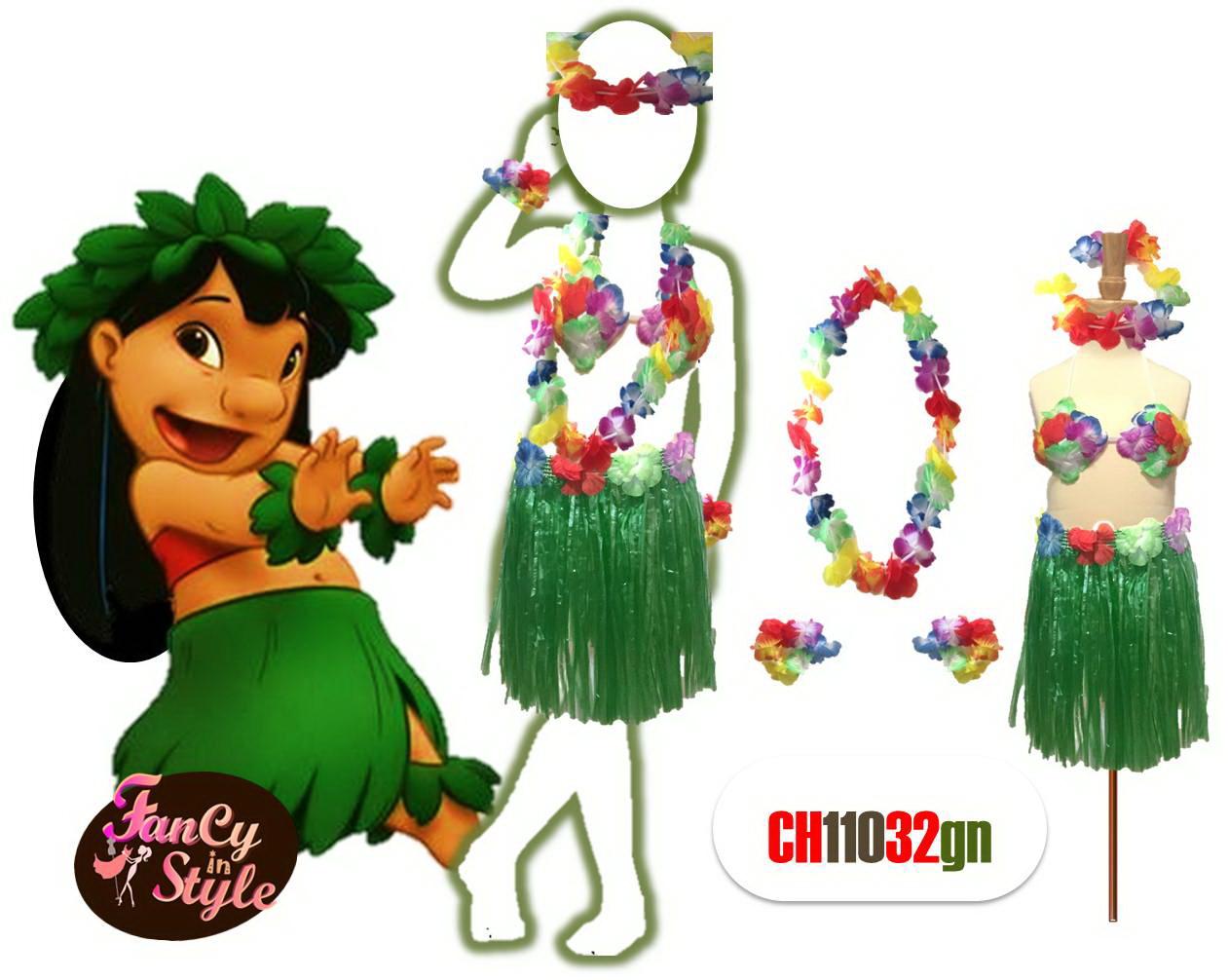 Hawaian Costume Set for girls/กระโปรงฮาวายสีเขียว พร้อมบราดอกไม้และเซ็ทมาลัยฮาวาย 4 ชิ้น