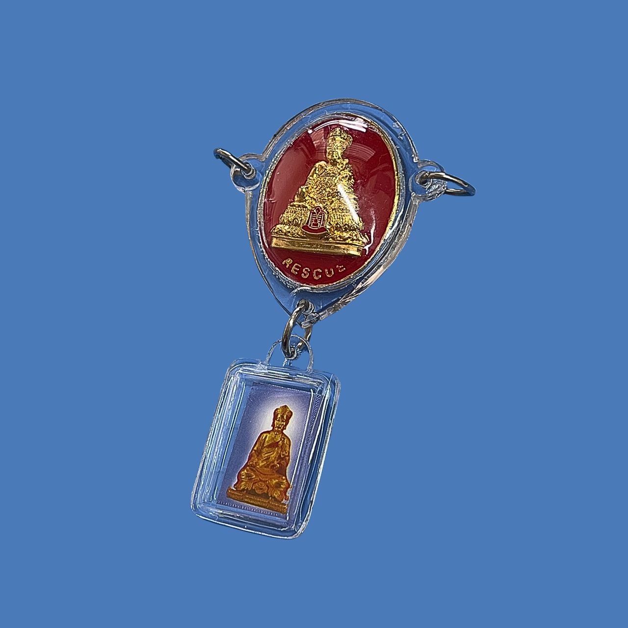 เหรียญไต้ฮงกงโจวซือและรูปภาพเหมือนพร้อมเลี่ยมพลาสติกกันน้ำค่ะ