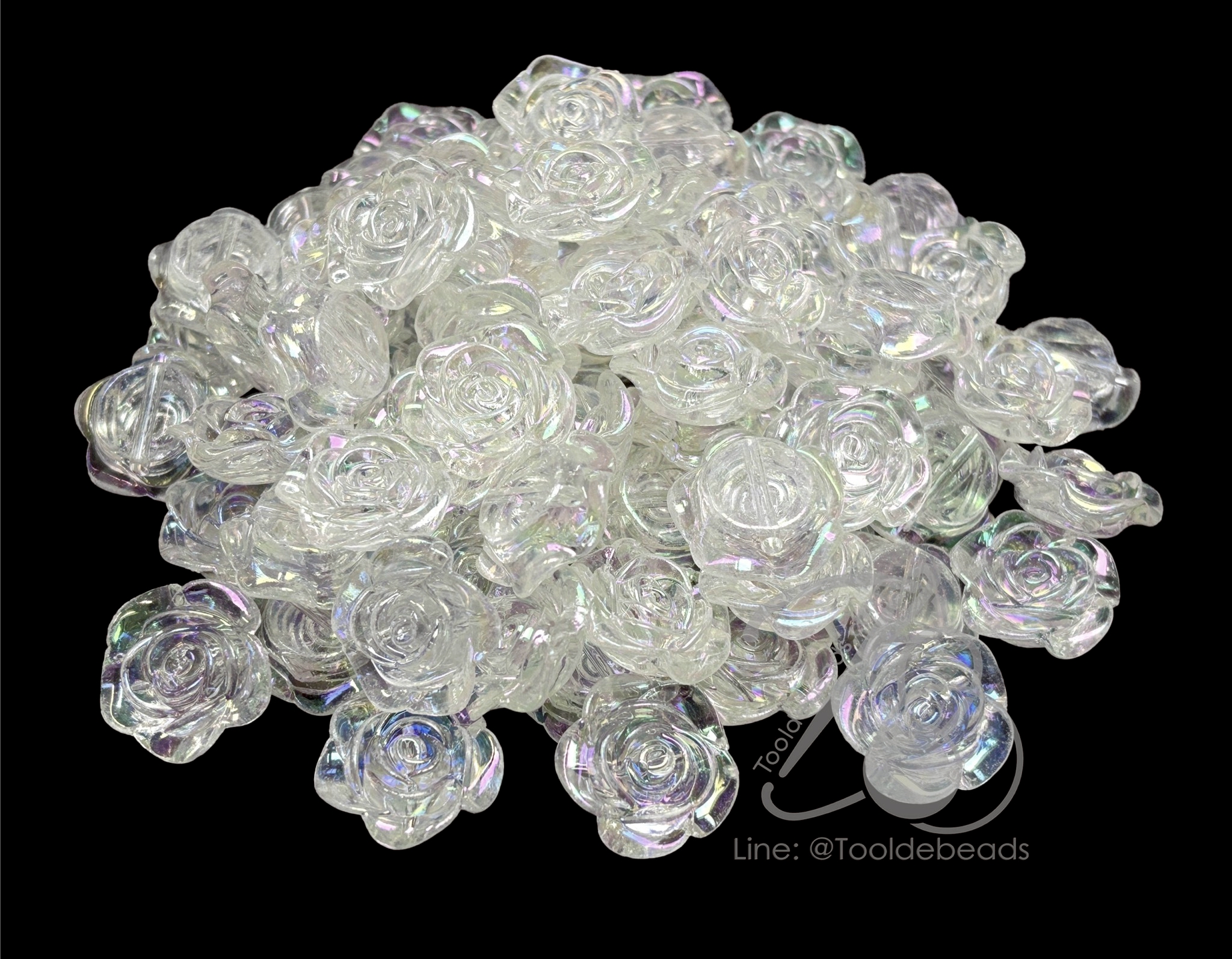 ลูกปัดอะคริลิค 19มม. ลายกุหลาบร้อยข้าง สีใสรุ้ง (80 กรัม) SKU-18488