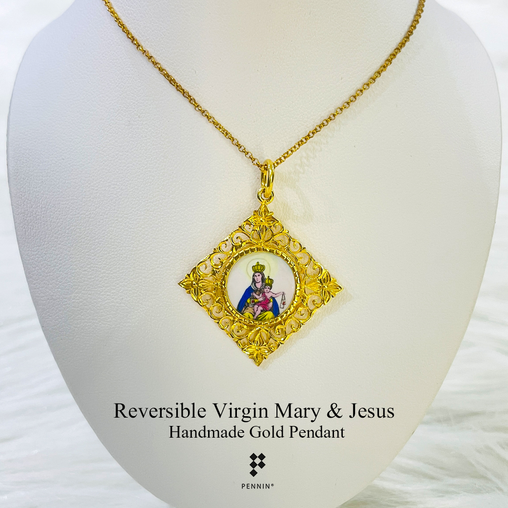 จี้แม่พระกรอบทองกระเบื้องเคลือบอิตาลี แม่พระนิจจานุเคราะห์/พระเยซู ทอง 90 ฉลุลายมะลิเลื้อย