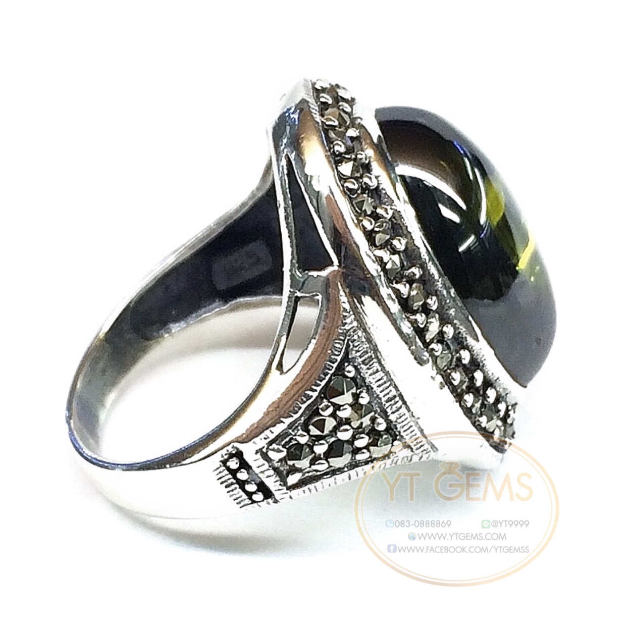 แหวนเงินแท้92.5% รมดำ พลอยเขียวส่อง(cz) ตกแต่งแมกกาไซต์ YTG-5117 YTGEMS