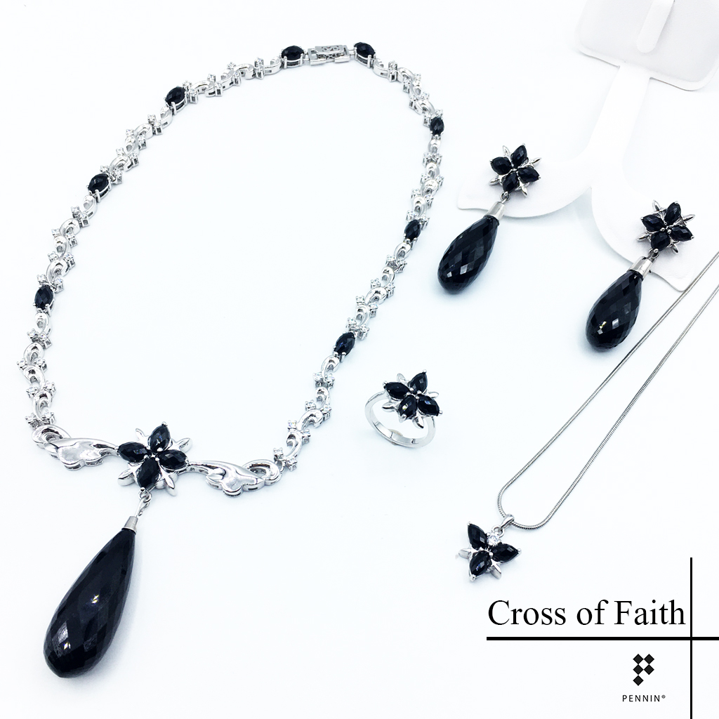 เซ็ตเครื่องประดับ Cross of Faith กางเขนแห่งศรัทธา เงินแท้ 925 ชุบทองขาว นิลแท้ เสริมโชคลาภ อำนาจบารมี ปกป้องคุ้มครอง