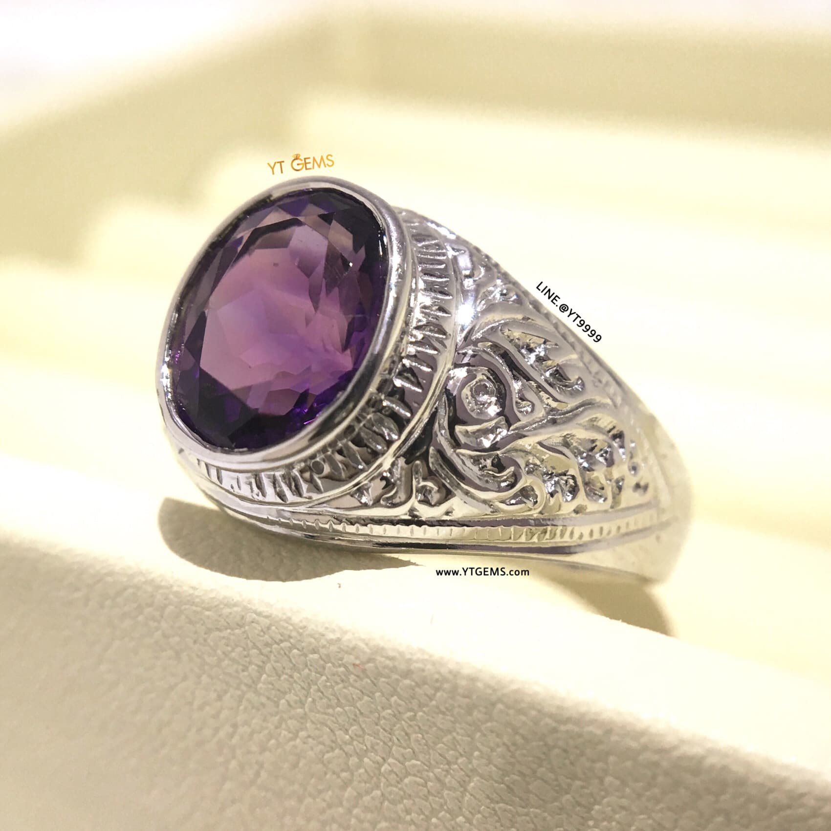 แหวนอเมทิสต์ แหวนเงินแท้ ลายไทย ชุบทองคำขาว พลอยอเมทิสต์แท้ YTG-11346 YTGEMS
