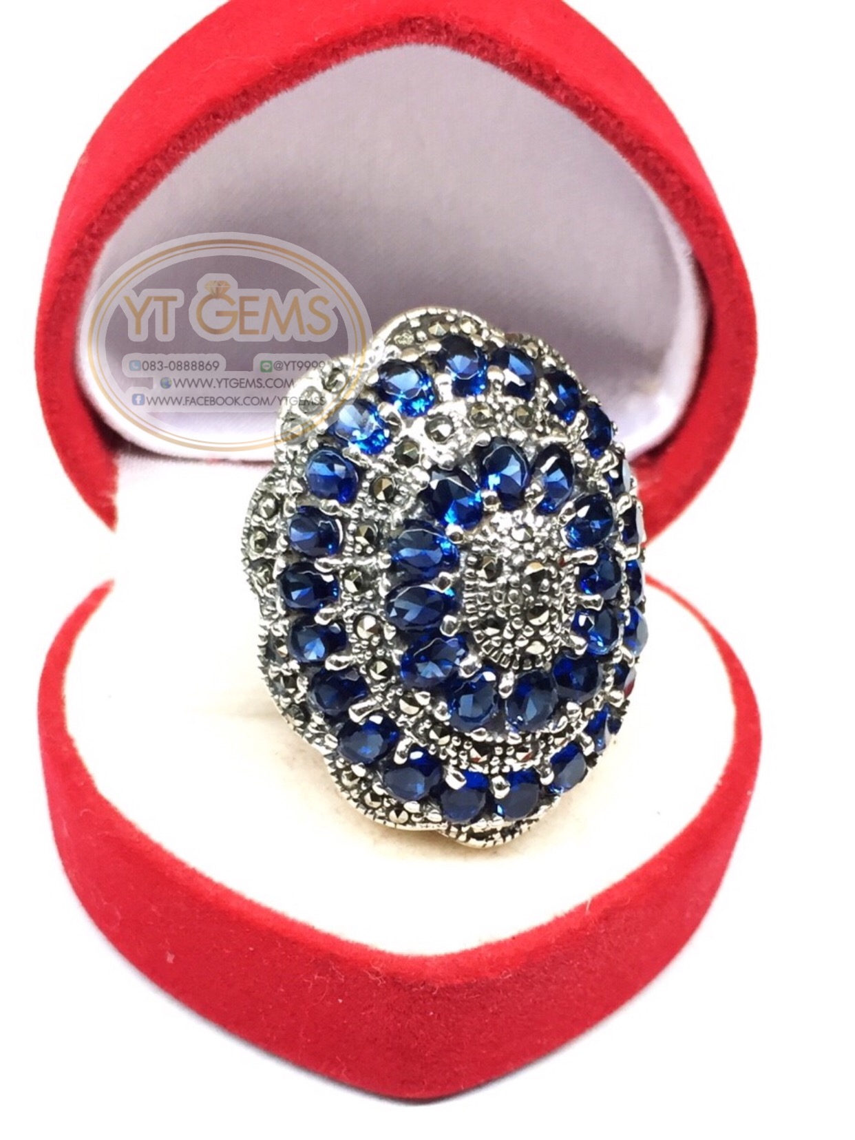 แหวนเงินแท้92.5% รมดำ พลอยไพลิน(cz) ตกแต่งแมกกาไซต์ YTG-5587 YTGEMS