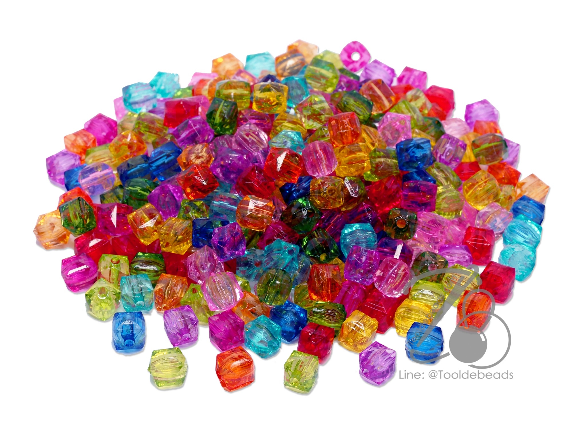 ลูกปัดอะคริลิค 8มม. ลายเต๋าเจีย คละสีใส (500 กรัม) SKU-11970