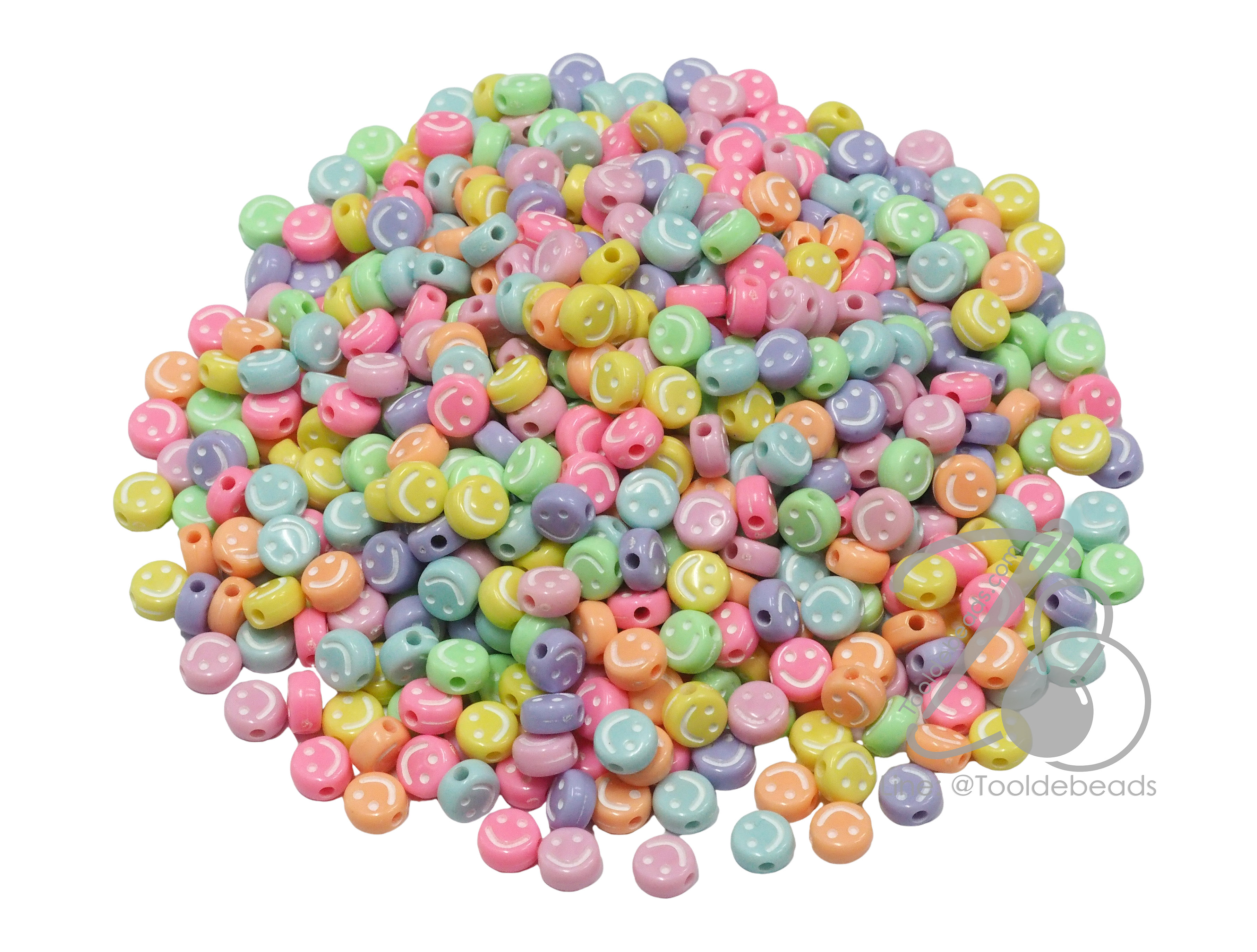 ลูกปัดอะคริลิค 6มม. ลายหน้ายิ้ม คละสีพาสเทล (15 กรัม) SKU-14537