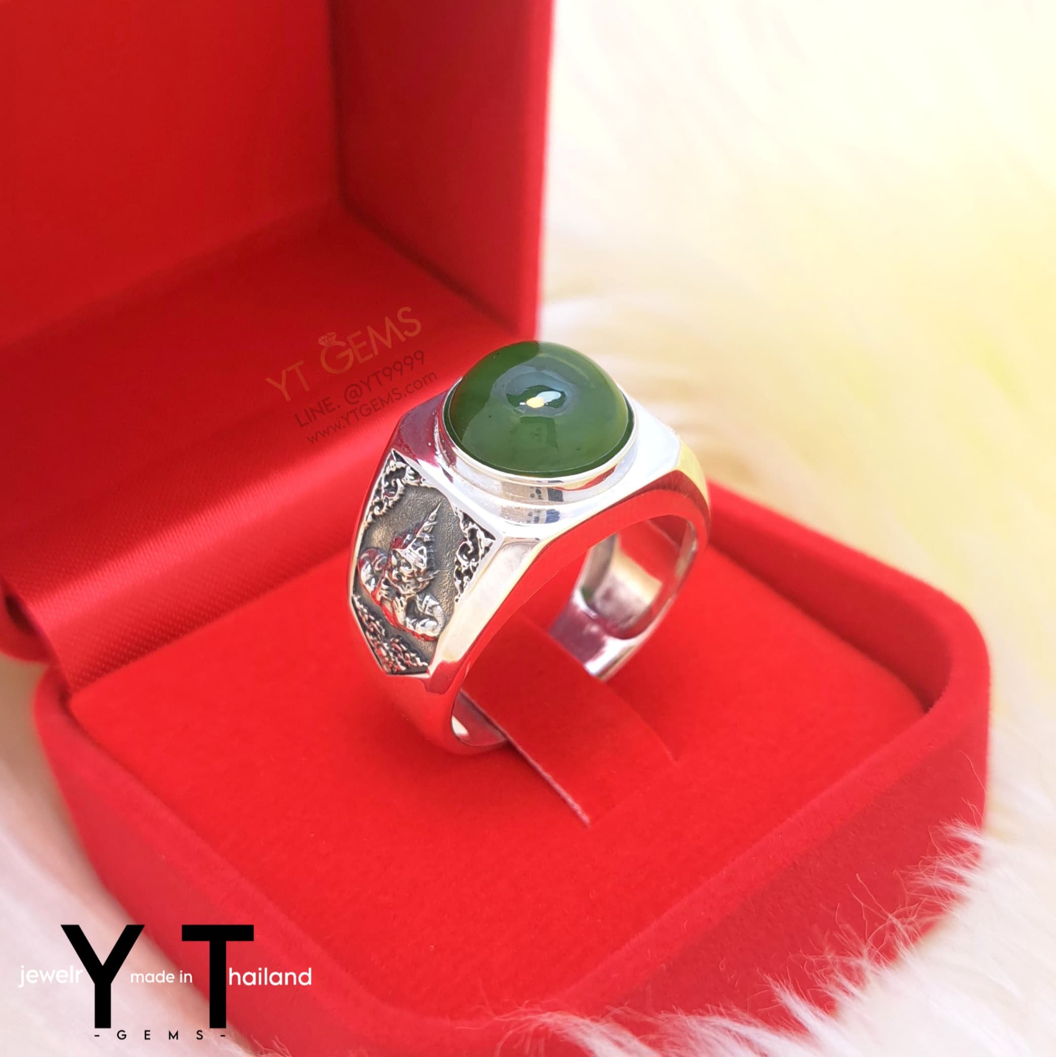 [สำหรับ ราคาส่ง ขั้นต่ำ 5 ชิ้น] แหวน ราหู เงินแท้ รมดำ หยกแท้ (หยกเนฟไฟรต์) YTG-11982-WH YTGEMS 5 ชิ้น