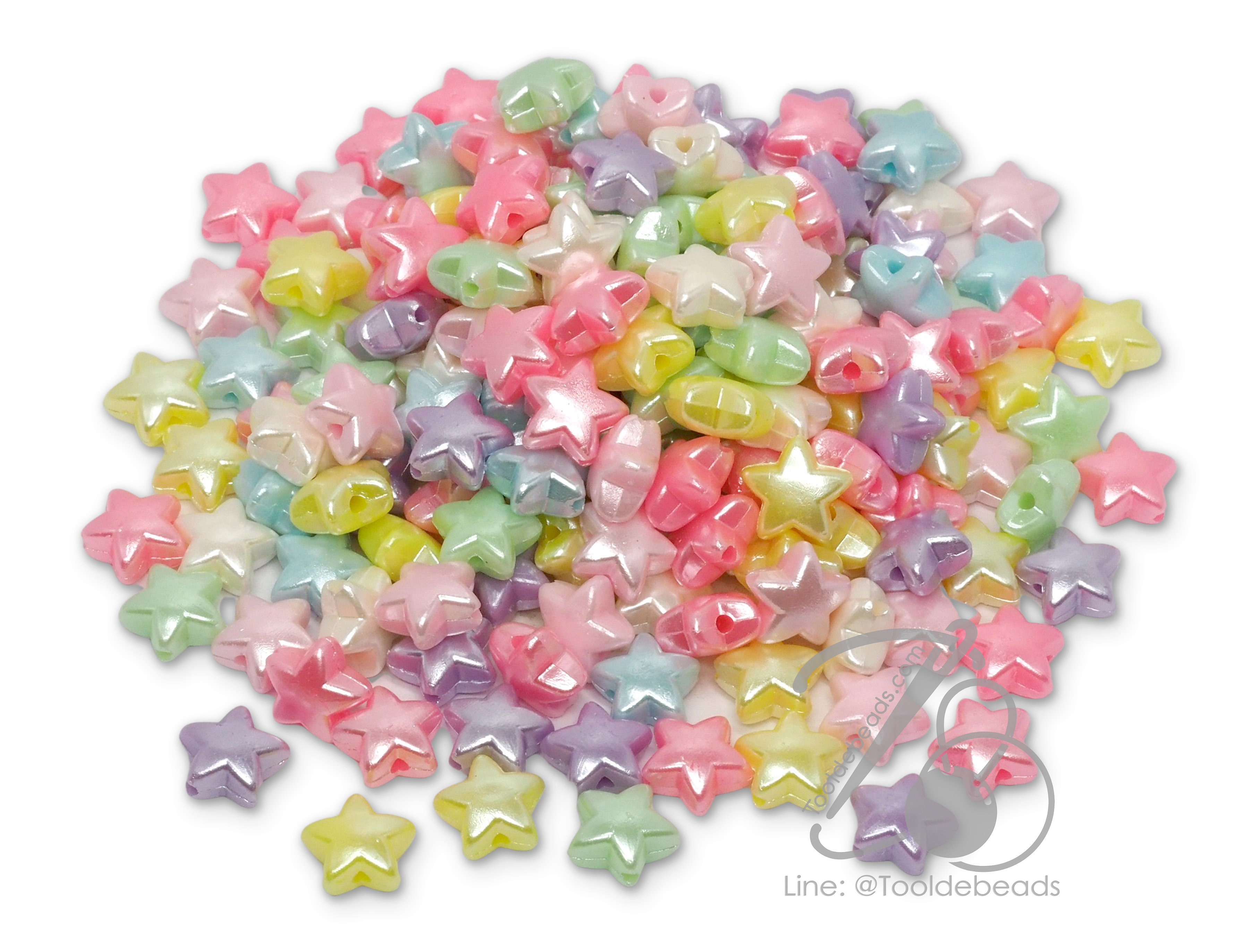 ลูกปัดพลาสติกเคลือบมุก 10มม. ลายดาว คละสี (15 กรัม) SKU-13032