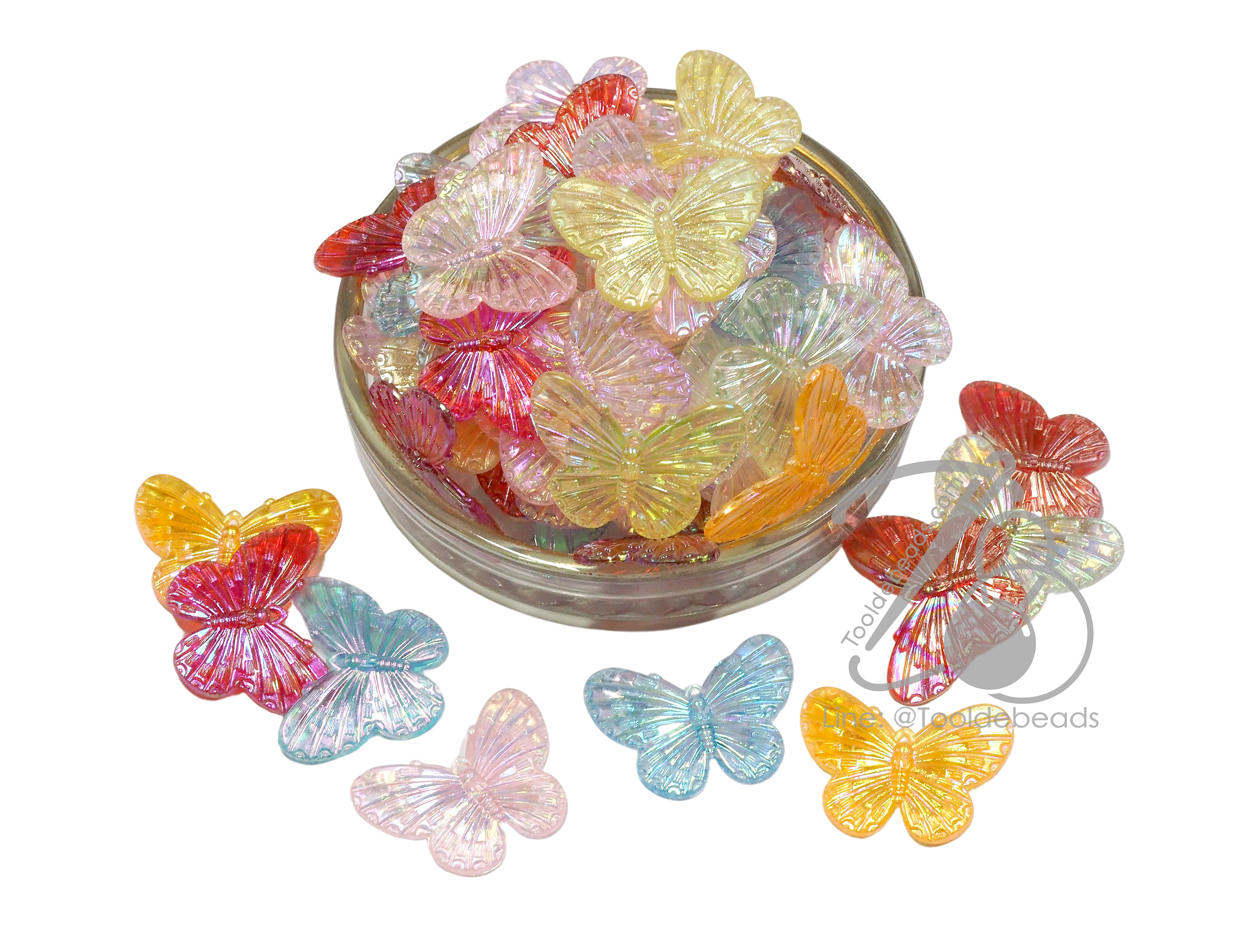 ลูกปัดพลาสติก เคลือบรุ้ง 25*30มม. ลายผีเสื้อเล็ก คละสีรุ้งใส (100 กรัม) SKU-14904