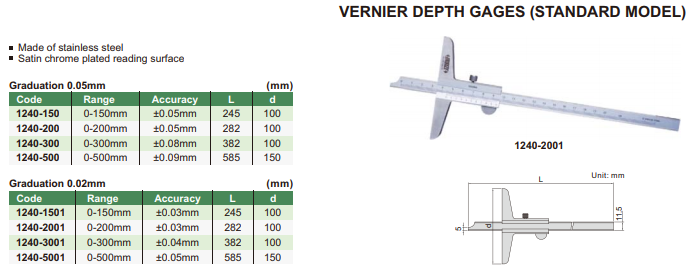 INSIZE เวอร์เนียวัดความลึก (Vernier Depth Gages) ขนาด 6 นิ้ว ความละเอียด 0.02 มิล รุ่น 1240-1501