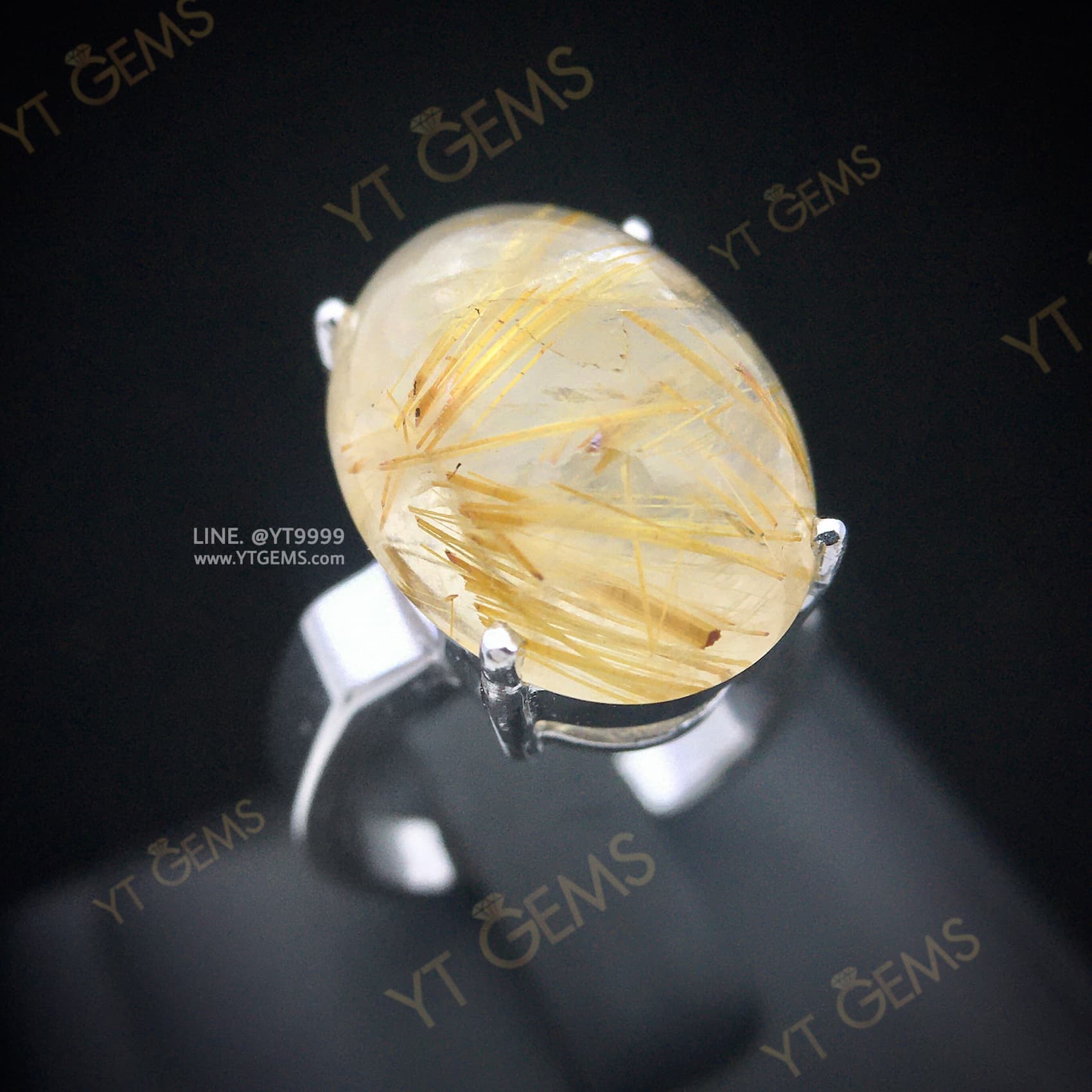 แหวนแก้วไหมทอง แหวนเงินแท้ ชุบทองคำขาว แก้วไหมทองแท้ YTG-11675 YTGEMS