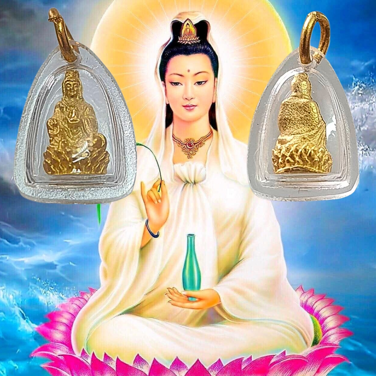 รูปหล่อลอยองค์พระโพธิสัตว์เจ้าแม่กวนอิมพิมพ์เล็กจิ๋วเนื้อกะไหล่ทองพร้อมเลี่ยม