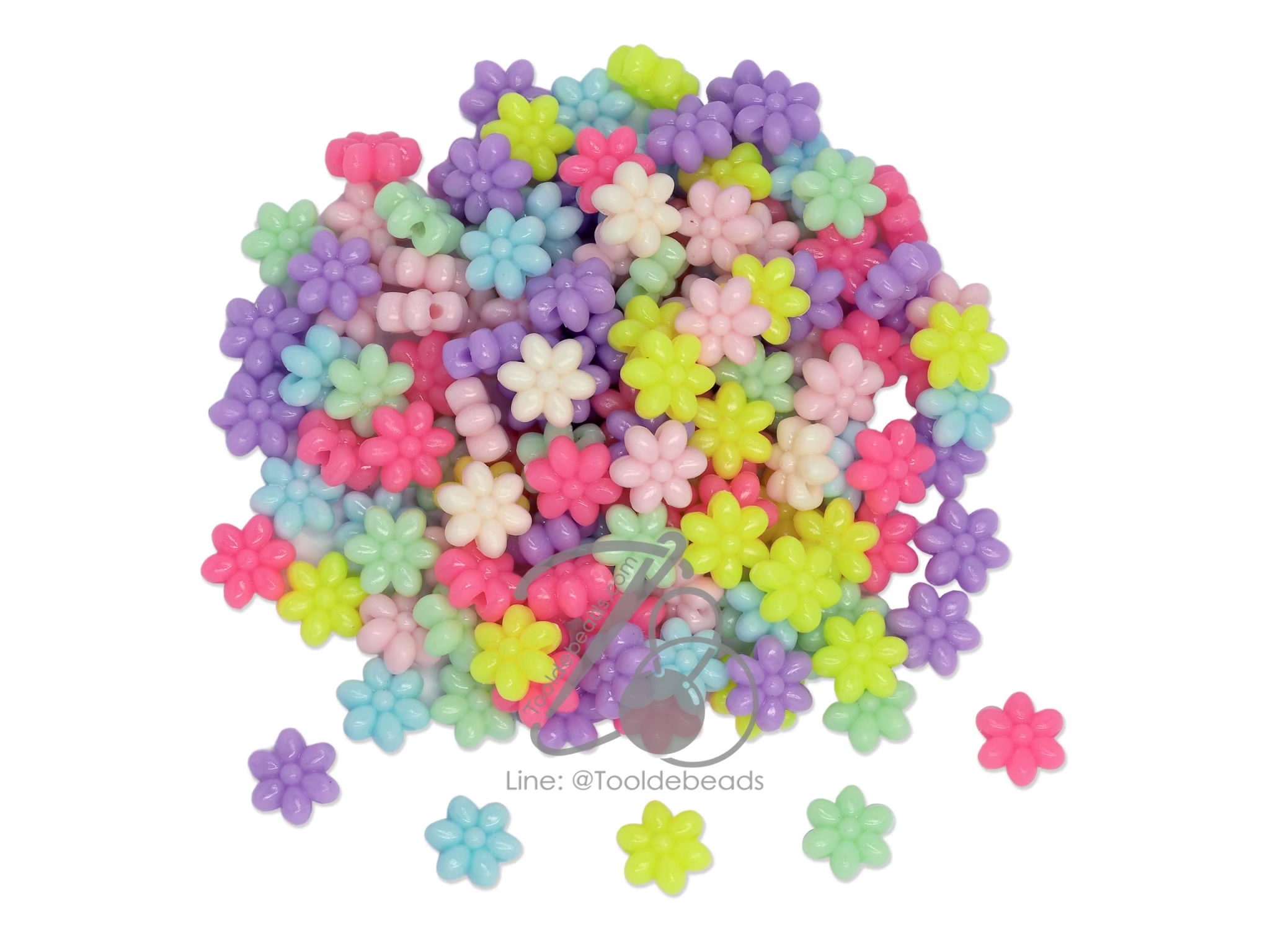 ลูกปัดอะคริลิค 11มม. ลายดอกไม้6แฉก คละสีหวาน (100 กรัม) SKU-12219