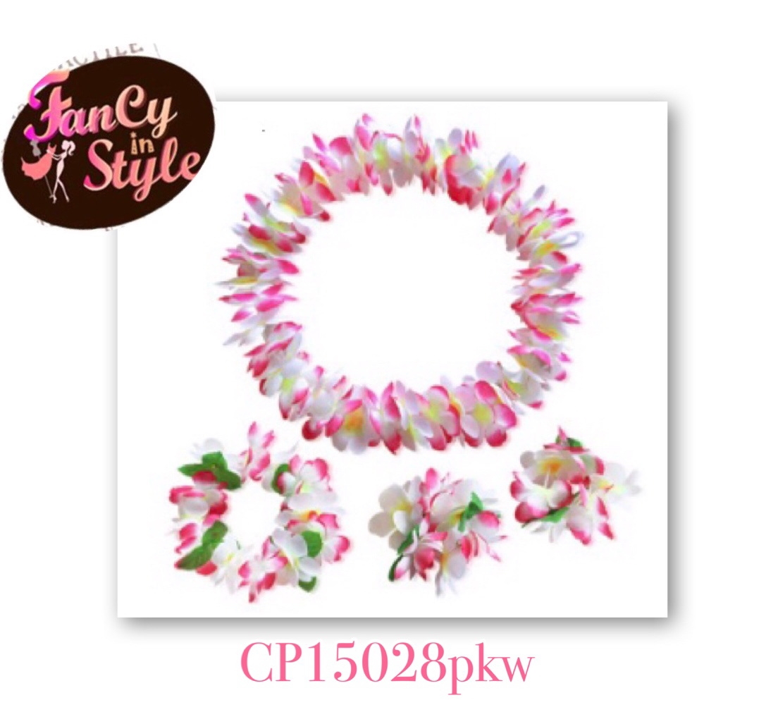 International Costume /SET มาลัยสวมคอ ข้อมือ ที่สวมศีรษะโทนสีชมพู-ขาว/Setมาลัยฮาวาย