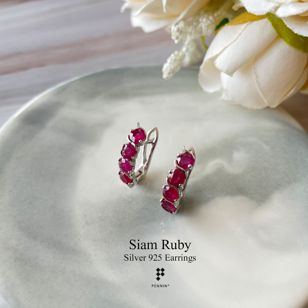 ต่างหูคลิปหางกระรอก ทับทิมจันท์ เผาเก่า เรียงแถวตอน 4 เม็ด ฝังหนามเตย เงินแท้ชุบทองคำขาว แบบสวยเก๋