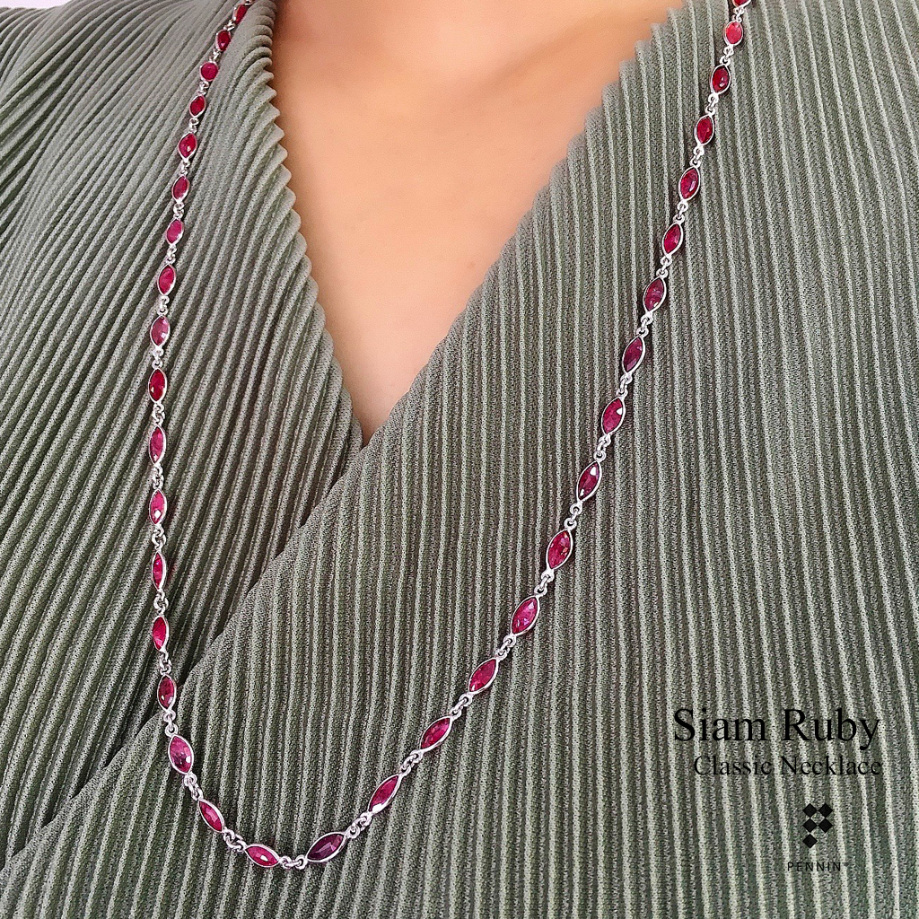 สร้อยคอทับทิมสยาม หรือ ทับทิมจันทบุรี ทรงมาคี 7x5mm หุ้มผ่าหวายเงินแท้ 92.5% ชุบทองขาว ยาว 24" สวย คลาสสิก