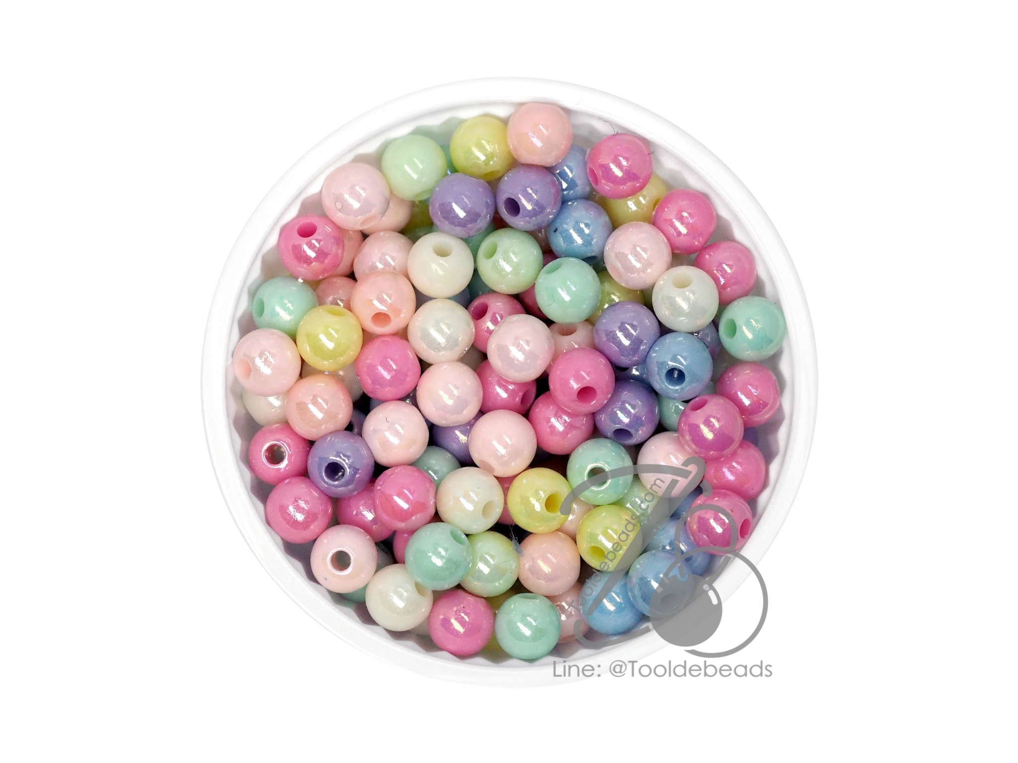 ลูกปัดพลาสติก เคลือบรุ้งพาสเทล 6มม. ทรงกลม คละสี (80 กรัม) SKU-12231