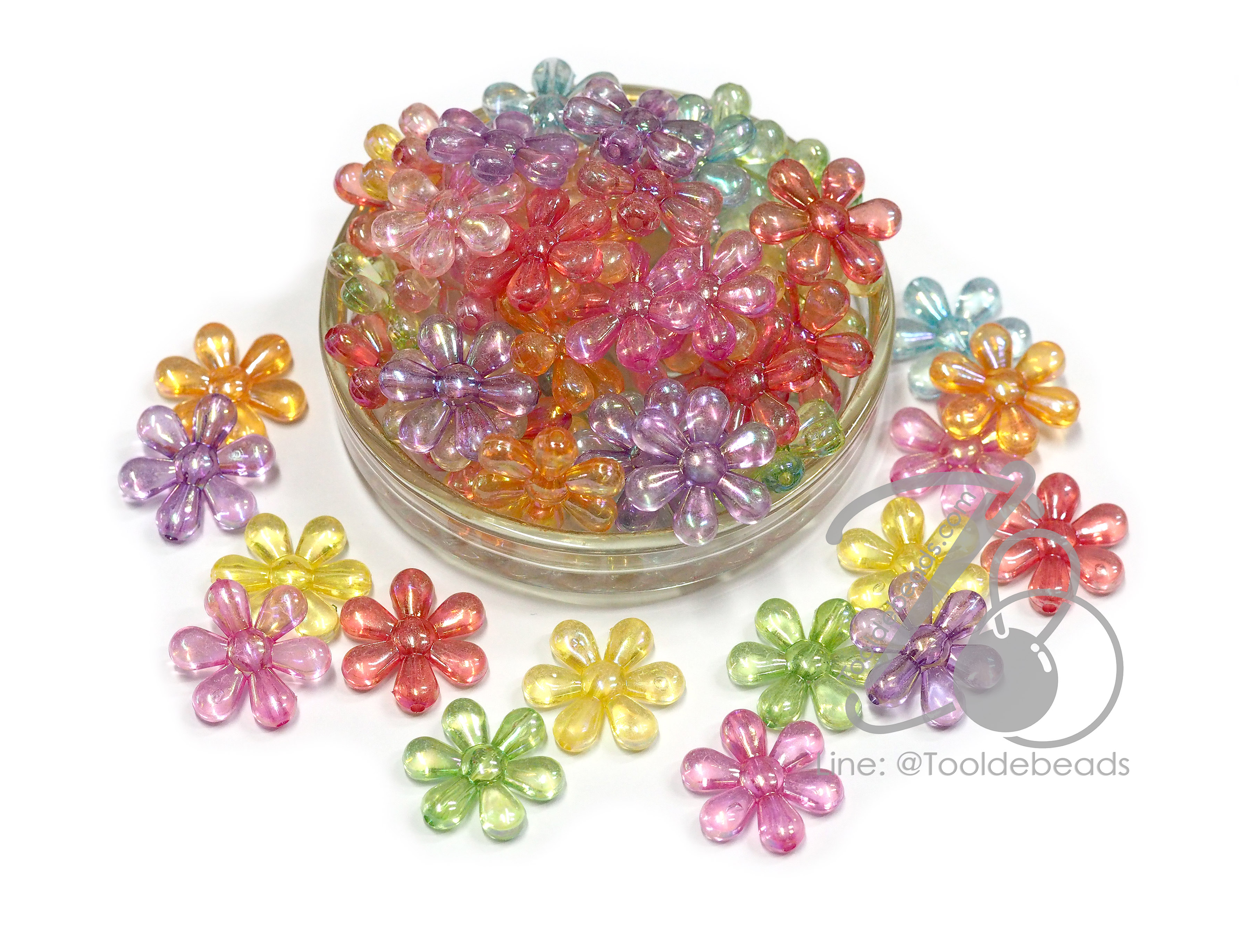 ลูกปัดพลาสติก เคลือบรุ้ง 23มม. ลายดอกไม้6แฉก คละสีรุ้งใส (100 กรัม) SKU-14680