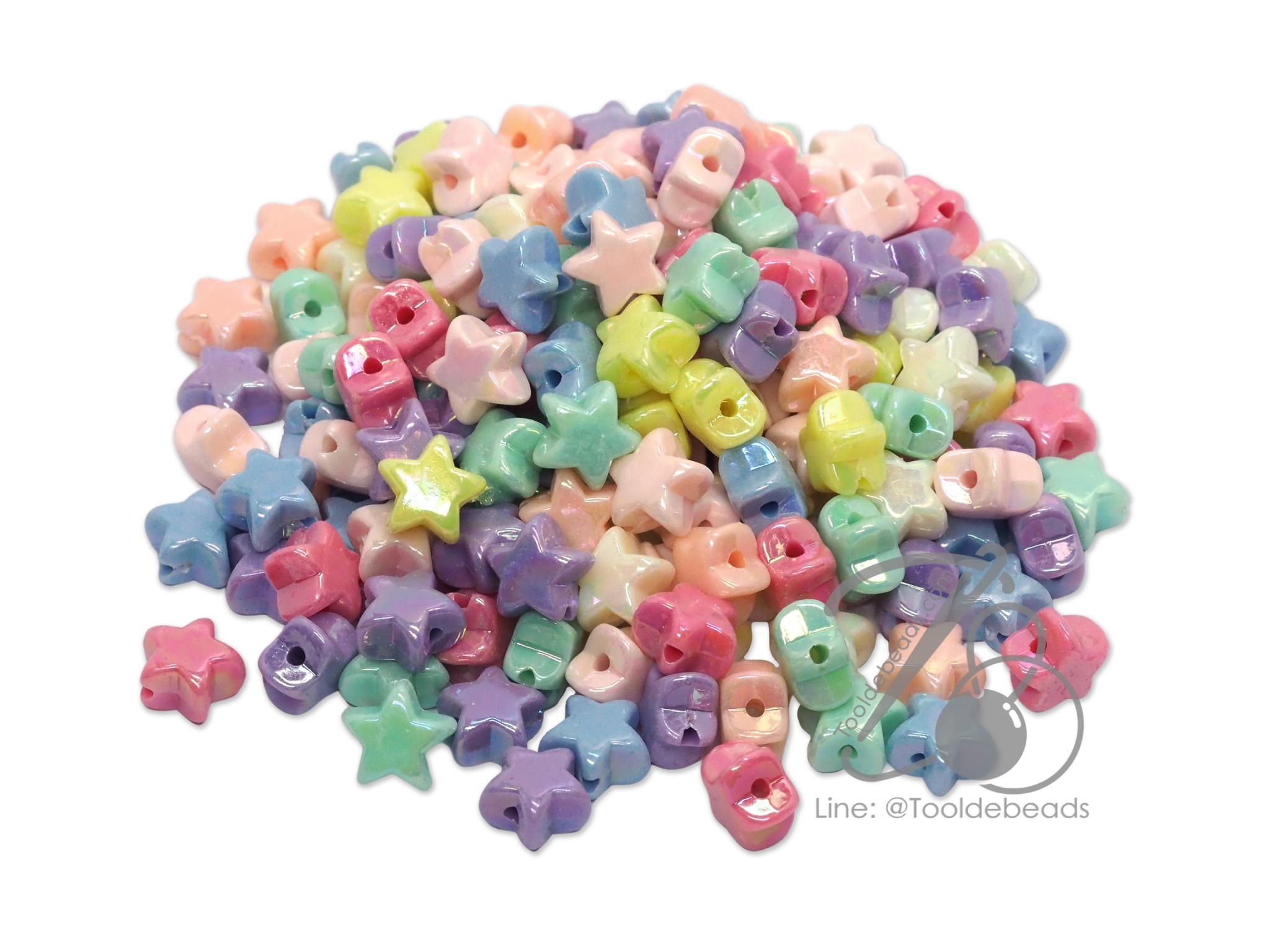 ลูกปัดพลาสติก เคลือบรุ้งพาสเทล 10มม. ลายดาว คละสี (80 กรัม) SKU-12246