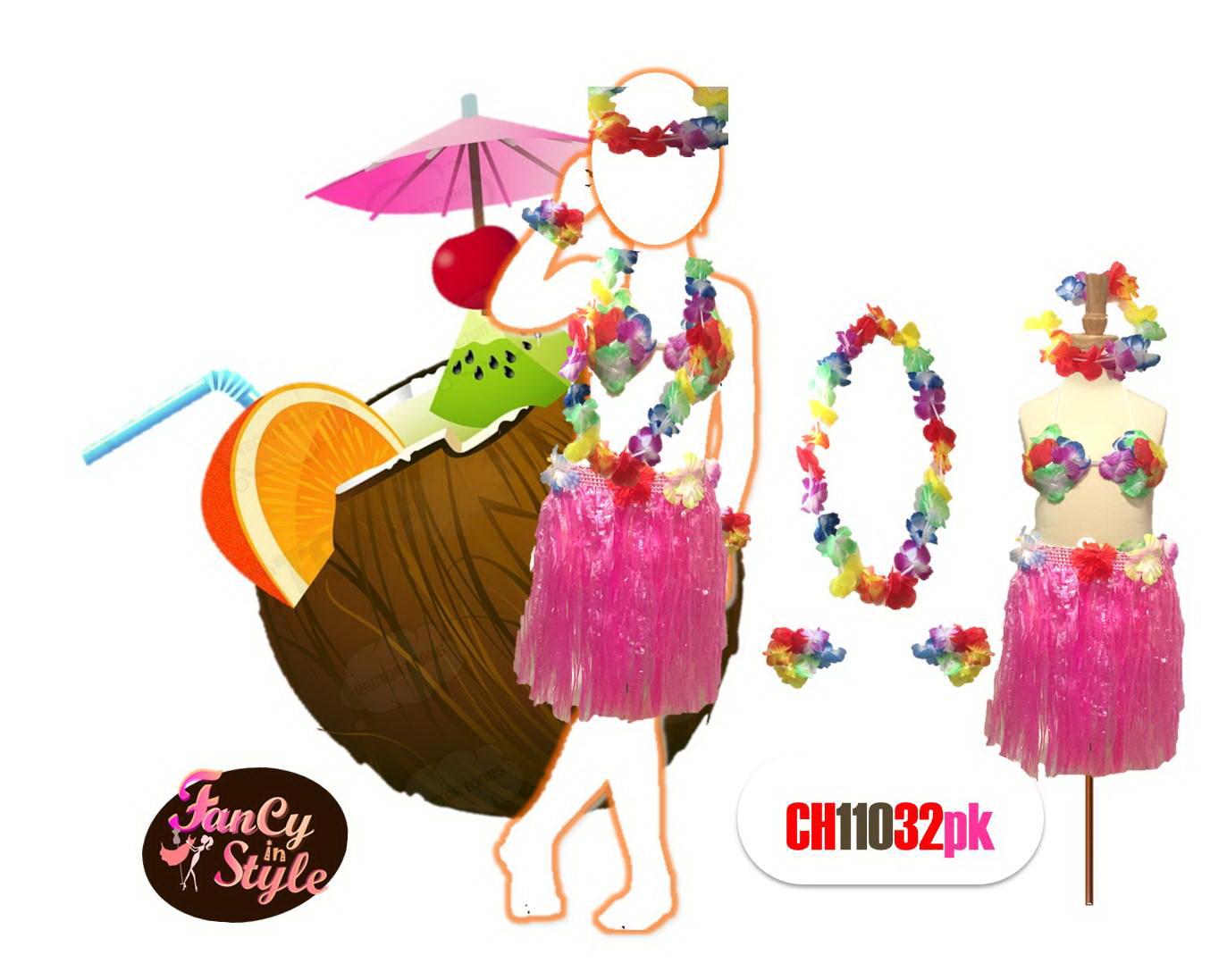 Hawaiian Costume Set for girls/กระโปรงฮาวายสีชมพู พร้อมบราดอกไม้ และเซ็ทมาลัยฮาวาย 4 ชิ้น