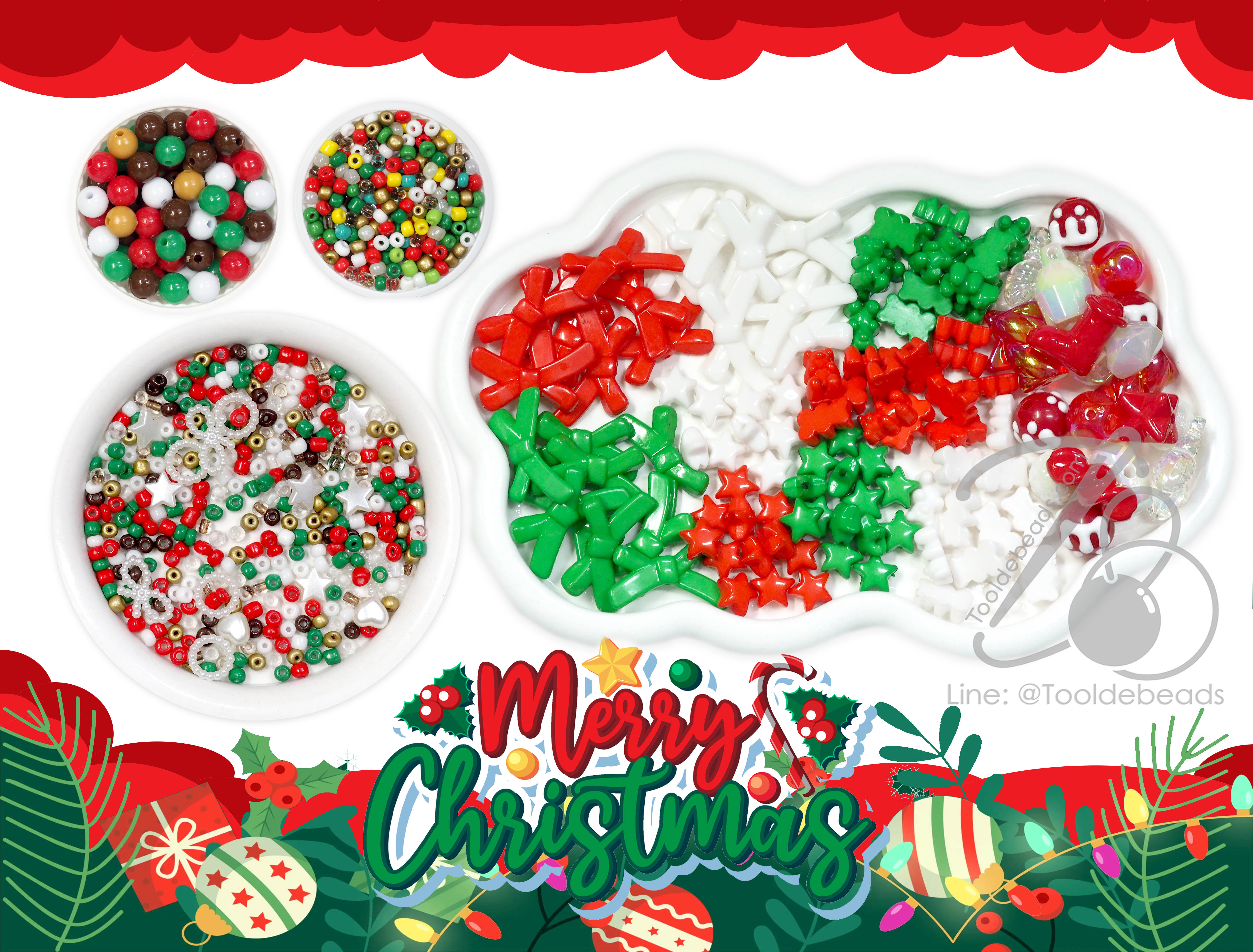 ลูกปัดเม็ดทราย 6/0 สีผสม มุกลวดลาย คริสมาส (100 กรัม) SKU-16932
