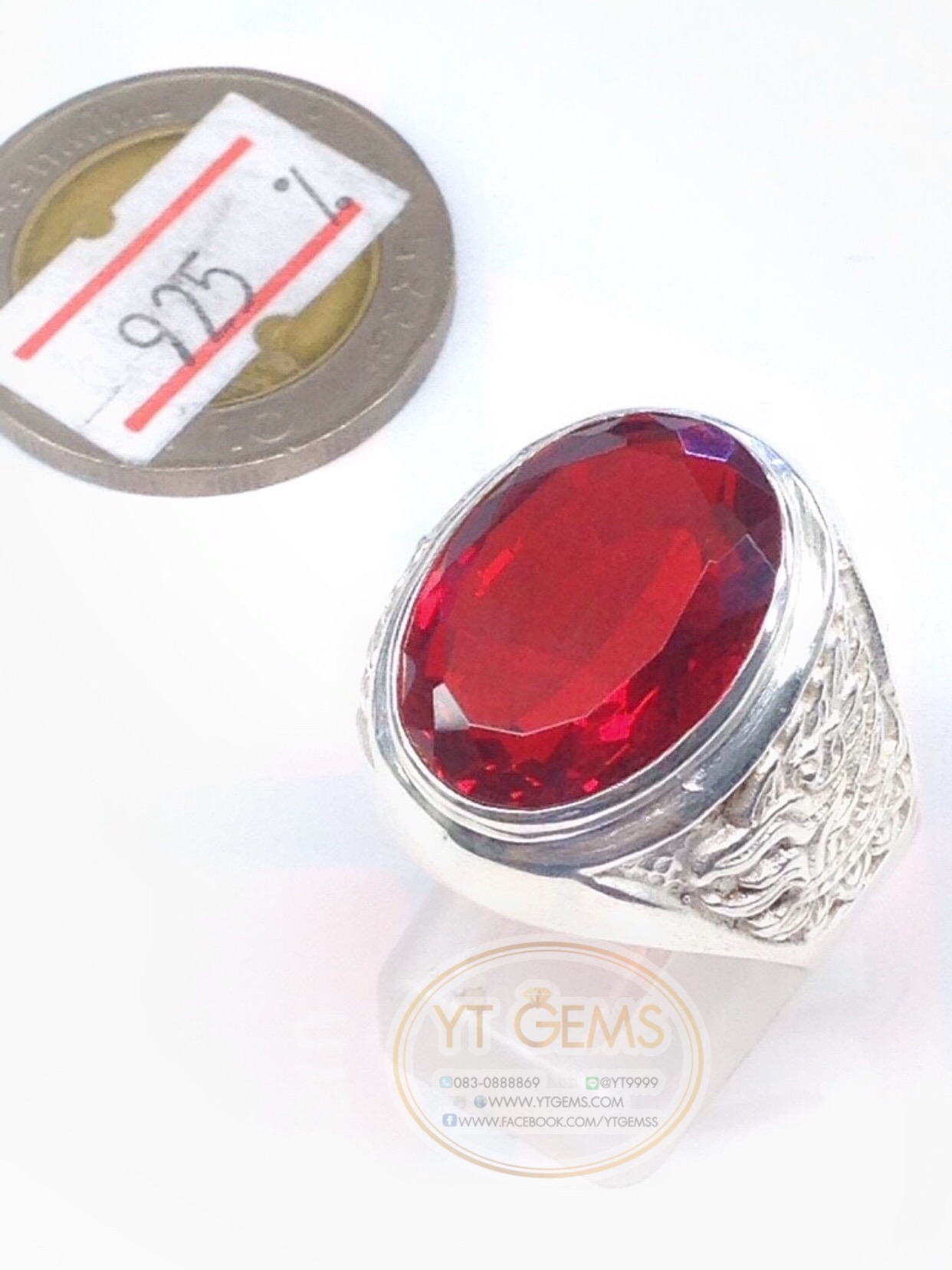 แหวนเงินแท้92.5% ข้างแกะลายพญาครุฑ พลอยโกเมน(cz) YTG-5668 YTGEMS