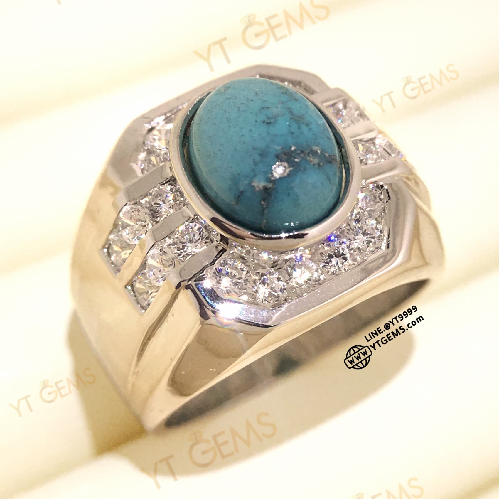 แหวนเทอร์ควอยส์ ล้อมเพชร แหวนเงินแท้ ชุบทองคำขาว เทอร์ควอยส์แท้ YTG-11647 YTGEMS