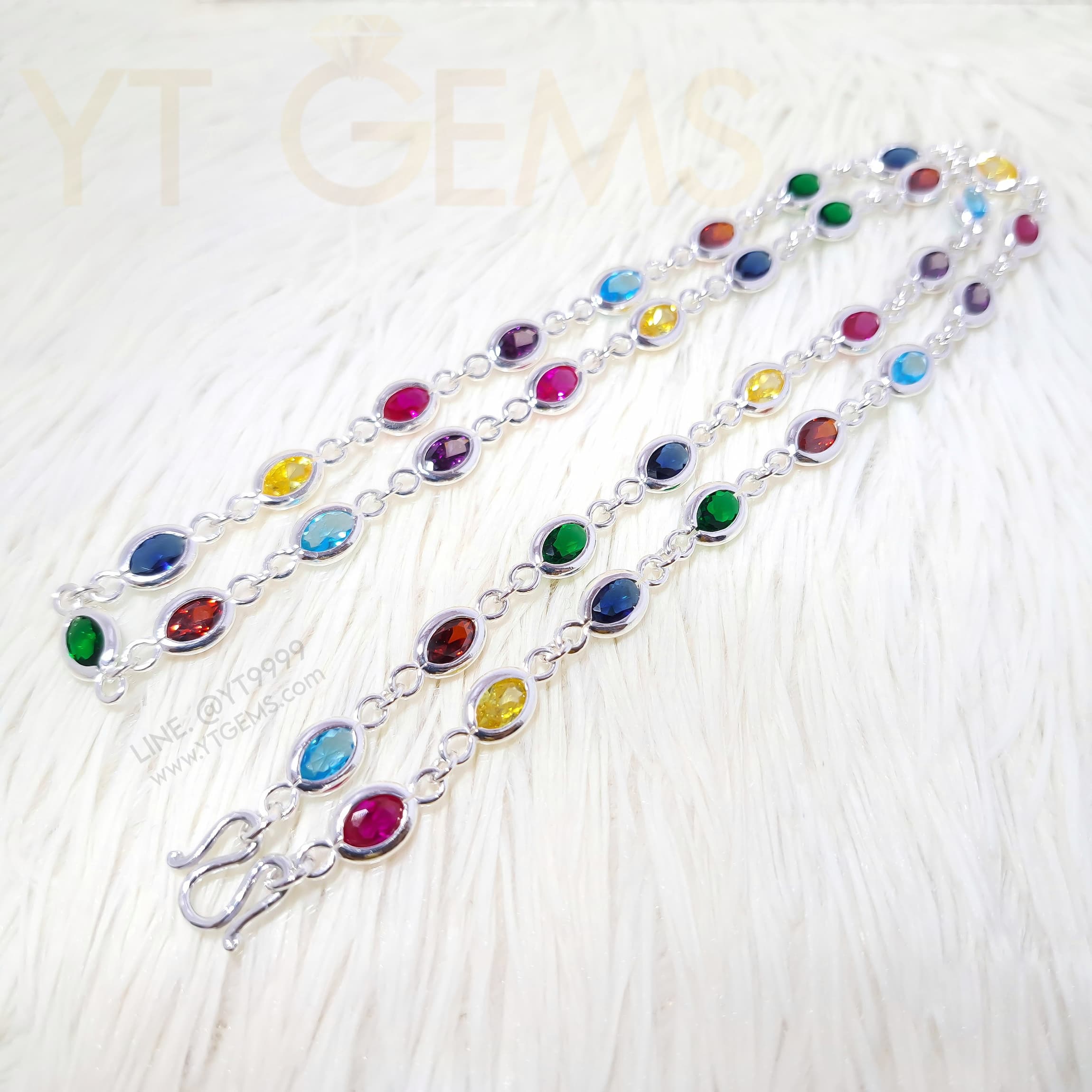สร้อยคอนพเก้า สร้อยคอ เงินแท้ พลอยหลากสี CZ หุ้มหนา ผ่าหวาย 24 นิ้ว YTG-9114 YTGEMS whole