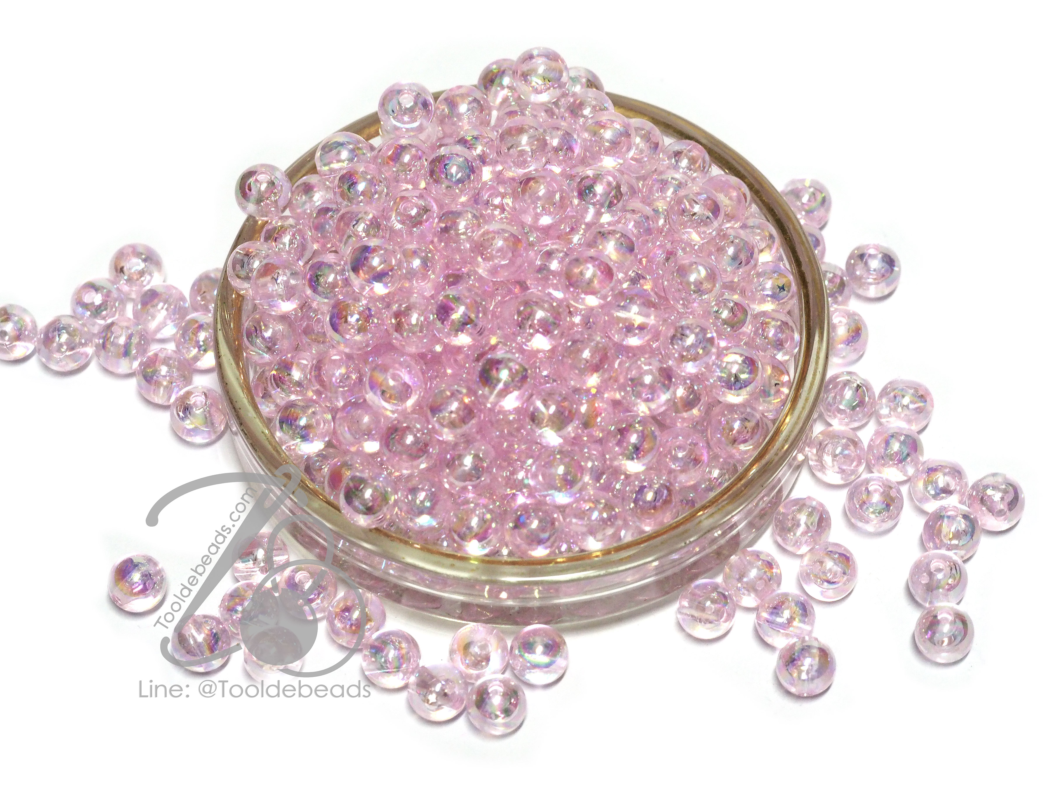 ลูกปัดพลาสติก เคลือบรุ้ง 8มม. สีชมพูรุ้งใส (500 กรัม) SKU-17107