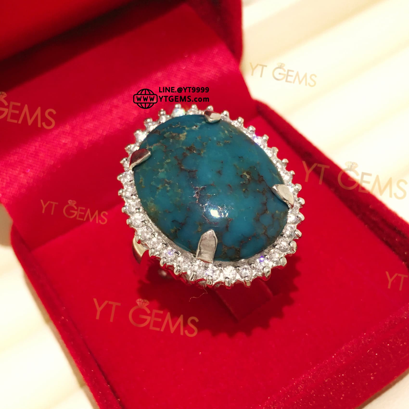 แหวนเทอร์ควอยส์ ล้อมเพชร แหวนเงินแท้ ชุบทองคำขาว เทอร์ควอยส์แท้ YTG-11648 YTGEMS