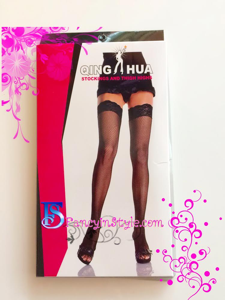 Stockings/ถุงน่องตาข่ายขอบลูกไม้สีดำ