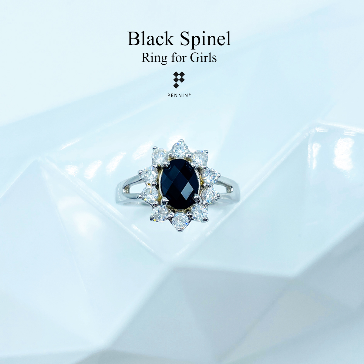 แหวนนิล (Black Spinel Ring) ล้อมเพชรสวิส CZ นิล 7x5mm เจียระไนเหลี่ยมตาข่าย สวย หรู ดึงดูดโชคลาภ