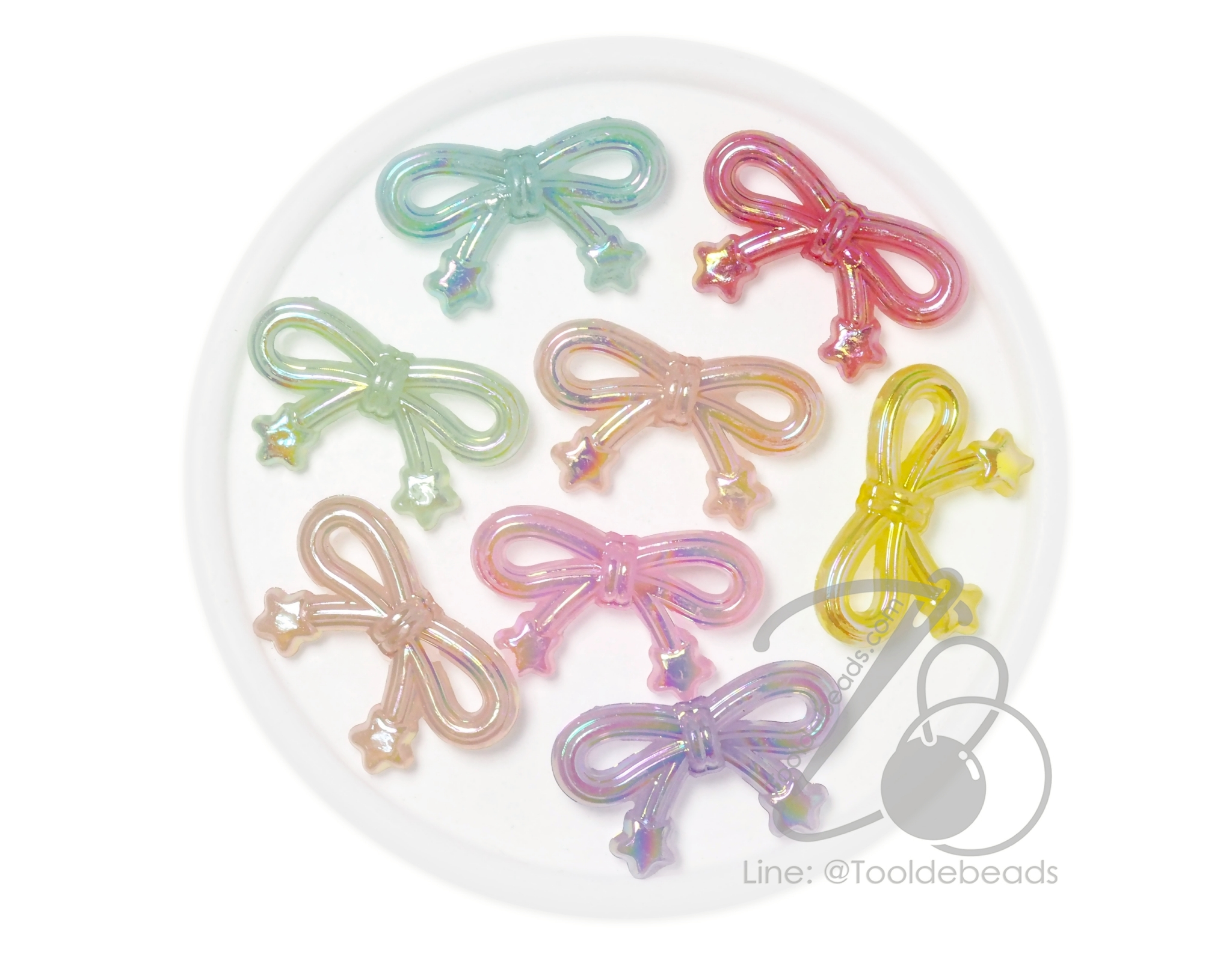 ลูกปัดพลาสติก เคลือบรุ้ง 32มม. ลายโบว์หางดาว คละสีเยลลี่หวาน (80 กรัม) SKU-17486