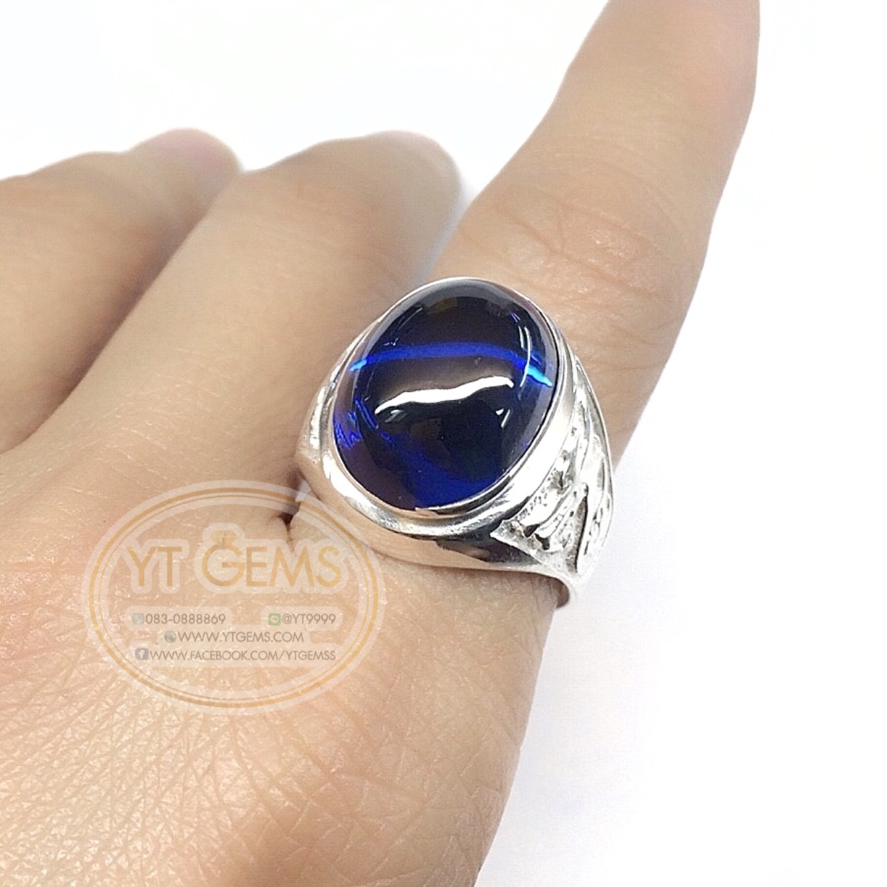 แหวนเงินแท้92.5% ข้างแกะลายมังกร พลอยไพลิน(cz) YTG-5562 YTGEMS