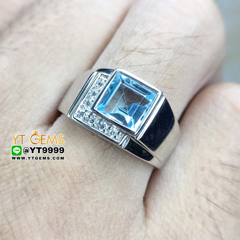 แหวนสกายบลูโทแพซ แหวนเงินแท้ ชุบทองคำขาว พลอยแท้ YTG-8302 YTGEMS