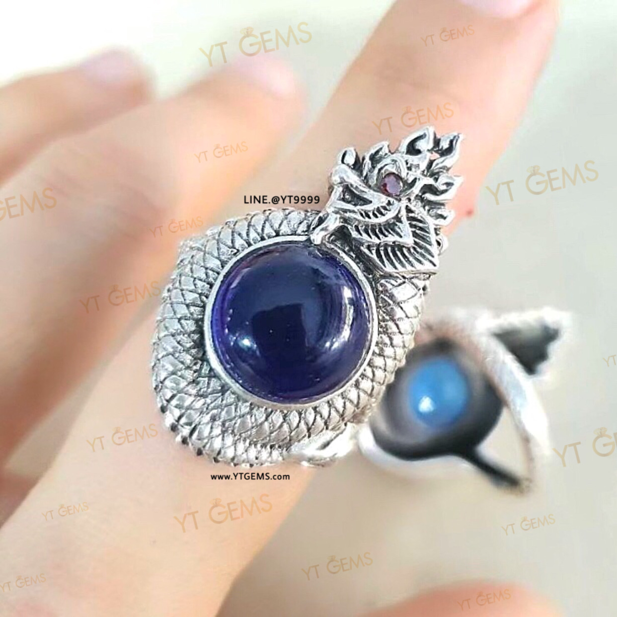 แหวนพญานาค โอบมณีสีน้ำเงิน ไพลิน แหวนเงินแท้ รมดำ พลอย(CZ) YTG-11491 YTGEMS