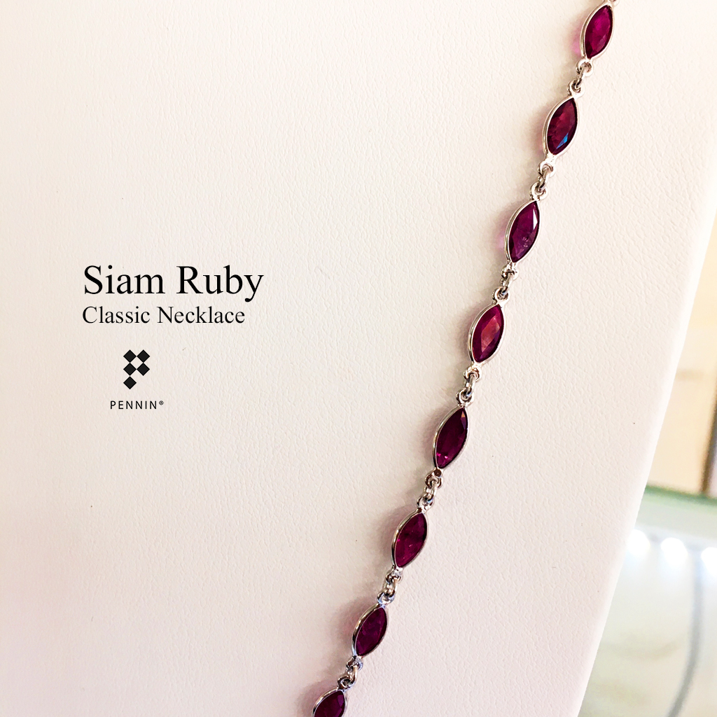 สร้อยคอทับทิมสยาม หรือ ทับทิมจันทบุรี ทรงมาคี 7x5mm หุ้มผ่าหวายเงินแท้ 92.5% ชุบทองขาว ยาว 24" สวย คลาสสิก