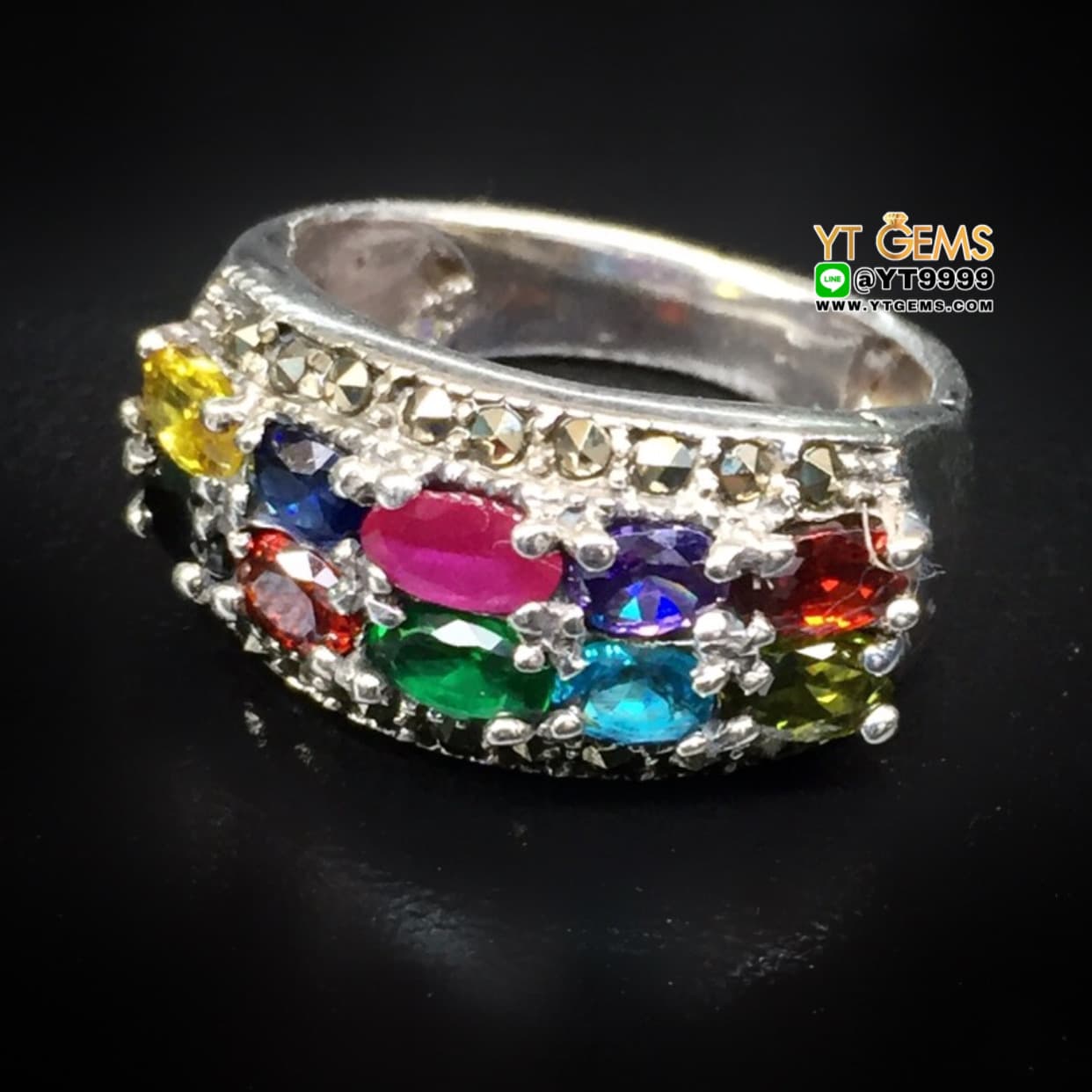 แหวนแถว นพเก้า พลอยหลากสี แหวนเงินแท้ รมดำ พลอยหลากสี (CZ) YTG-4486 YTGEMS