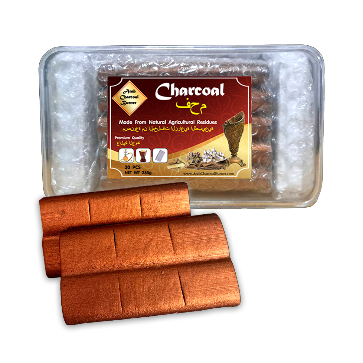 Arab Charcoal Burner ถ่าน ถ่านเผา ถ่านไม้ ถ่านพิเศษ ชาโคล สำหรับจุดไฟเผา ชิช่า บารากุ ทำจากธรรมชาติ 100% ไร้กลิ่น ไร้ควัน ไม่มีประกายไฟ ปลอดภัย ไร้สารเคมี จุดนานถึง 4-5 ชมต่อชิ้น - 1 กล่อง