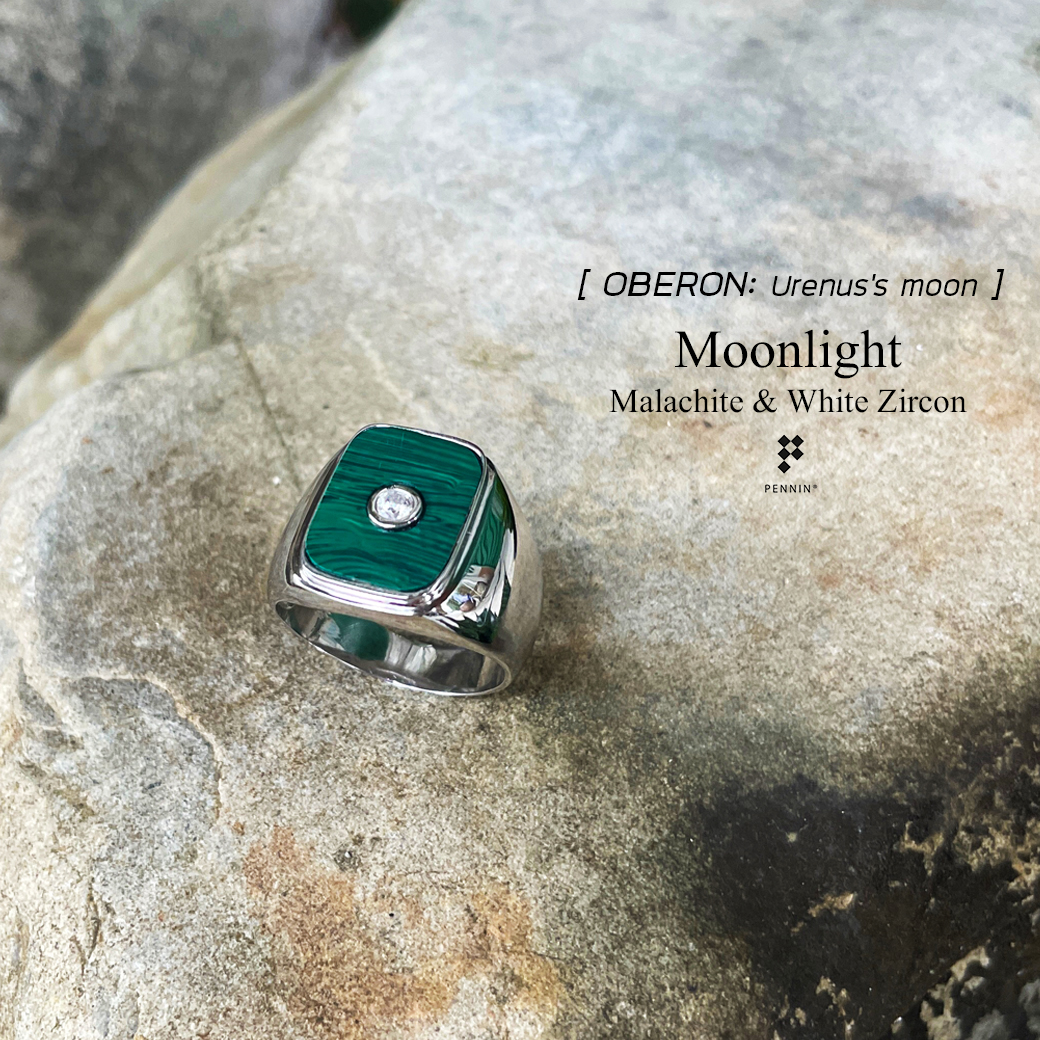 Moonlight: OBERON แหวน Malachite ฝังเพทายกลาง เงินแท้ 925 ชุบทองคำขาว