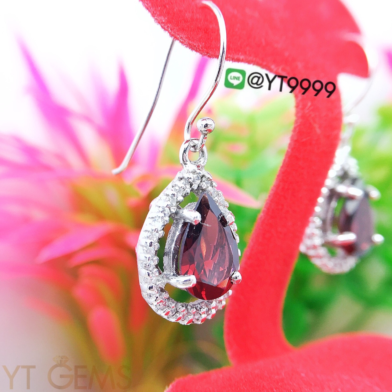 ต่างหูเงินแท้92.5% ชุบทองคำขาว พลอยโกเมน ประดับเพชรSwiss YTG-3220 YTGEMS