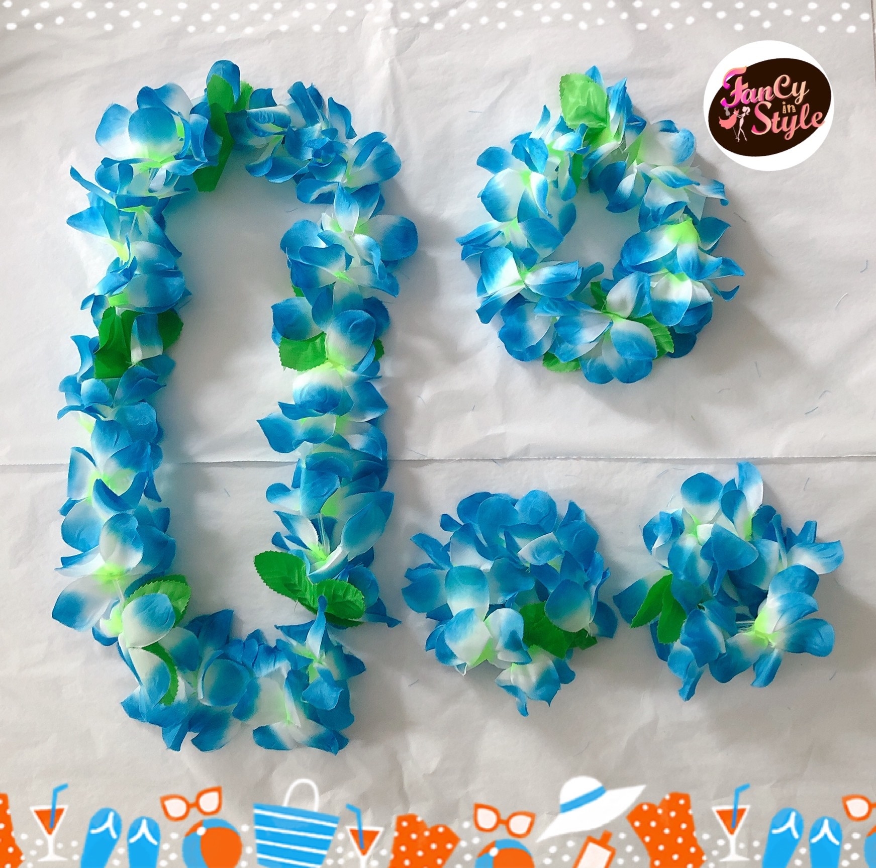 Hawaiian set in fresh blue color/เซ็ทพวงมาลัยข้อมือที่สวมหัวฮาวายสีฟ้าสดใส