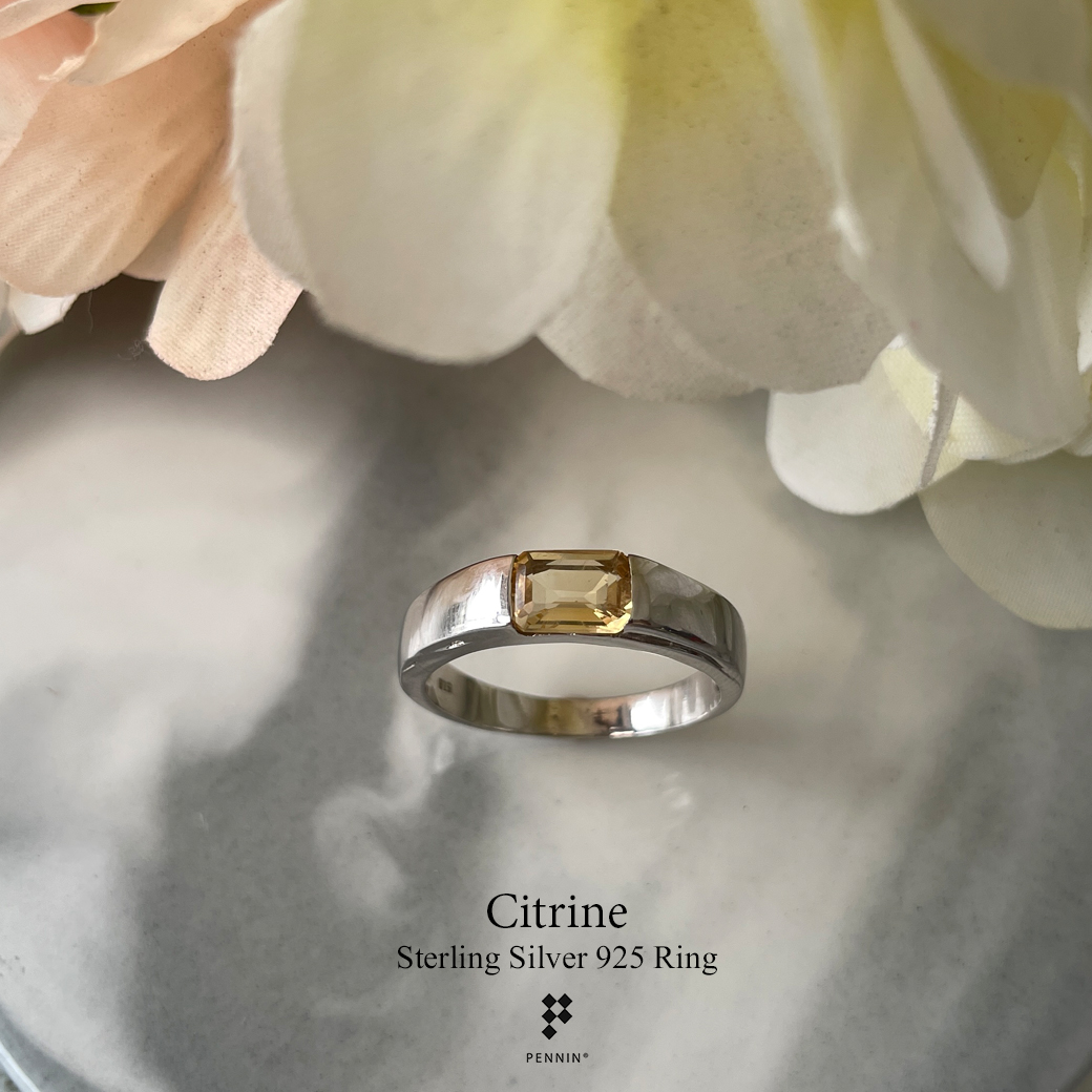Rectangle Ring: แหวนCitrine สี่เหลี่ยมผืนผ้า 7x5mm 0.35ct เงินแท้ชุบทองคำขาว เรียบ เท่ มีสไตล์