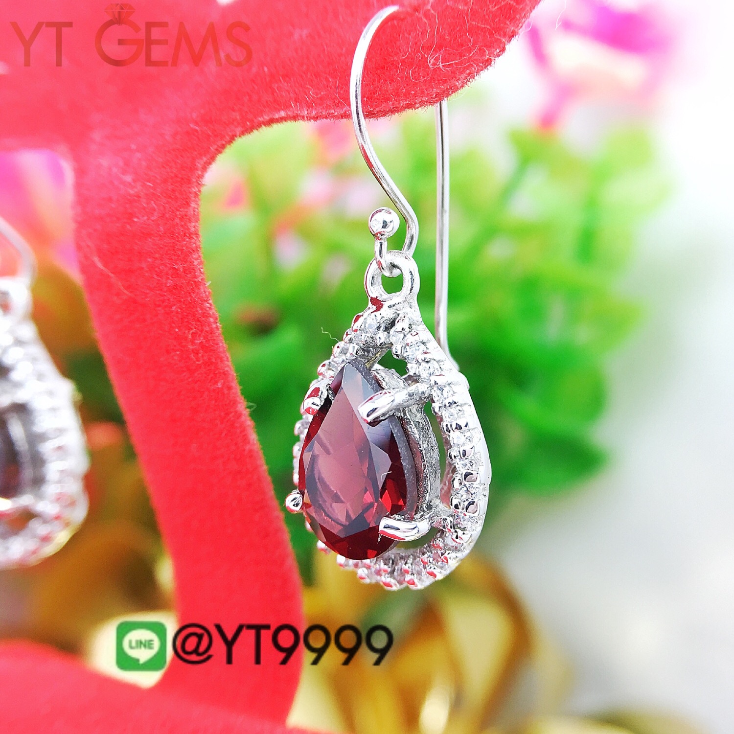 ต่างหูเงินแท้92.5% ชุบทองคำขาว พลอยโกเมน ประดับเพชรSwiss YTG-3220 YTGEMS