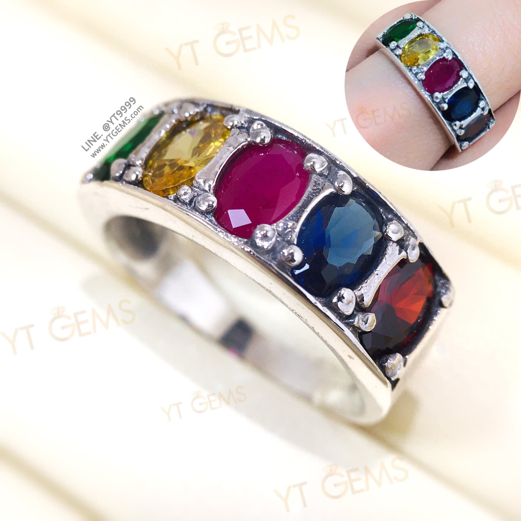 แหวนแถว นพเก้า แหวนเงินแท้ รมดำ พลอยหลากสี (CZ) YTG-11290 YTGEMS