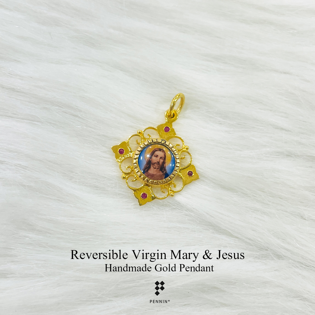 จี้แม่พระกรอบทองกระเบื้องเคลือบอิตาลี แซมทับทิมแท้ รูปแม่พระ และพระเยซู งานขึ้นมือทอง 90