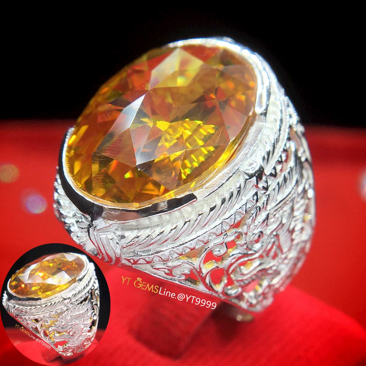 แหวนบุษราคัม แหวนครุฑ แหวนเงินแท้ ลายพญาครุฑ พลอยบุษราคัม (CZ) YTG-9981 YTGEMS